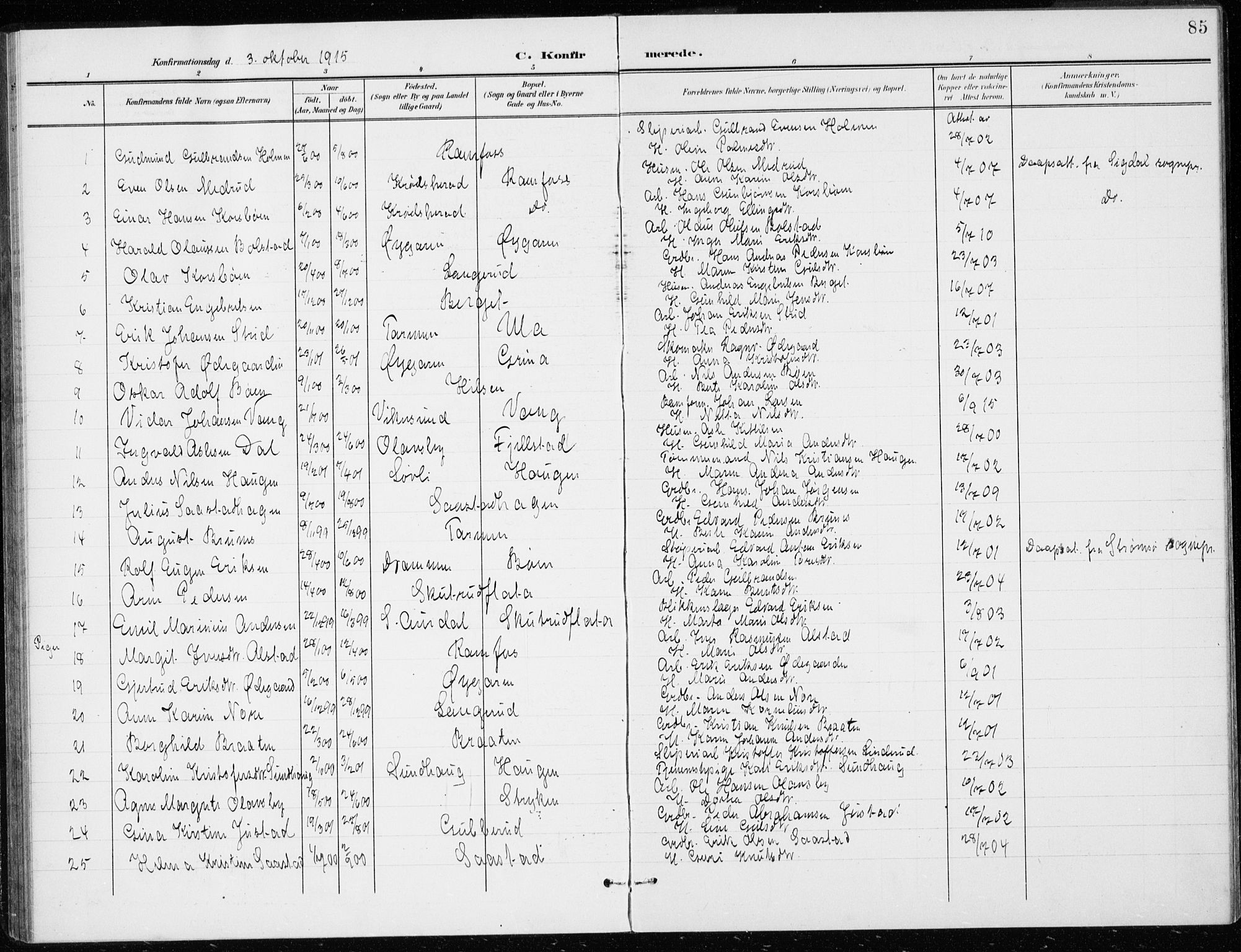 Modum kirkebøker, AV/SAKO-A-234/G/Gd/L0001: Parish register (copy) no. IV 1, 1901-1921, p. 85