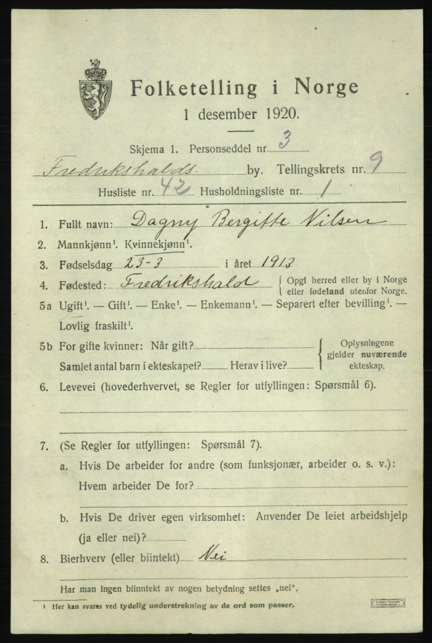 SAO, 1920 census for Fredrikshald, 1920, p. 16845
