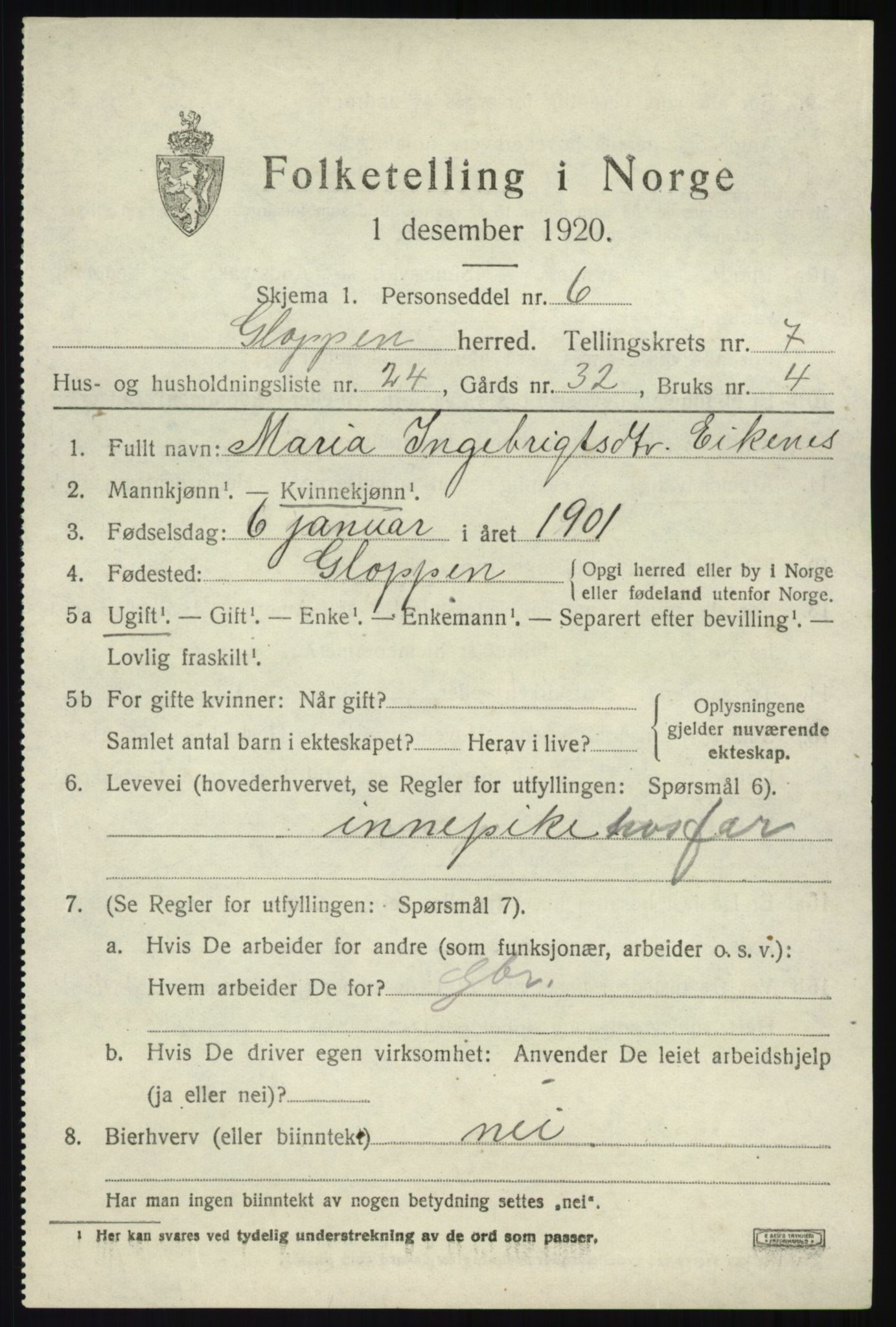 SAB, 1920 census for Gloppen, 1920, p. 4386