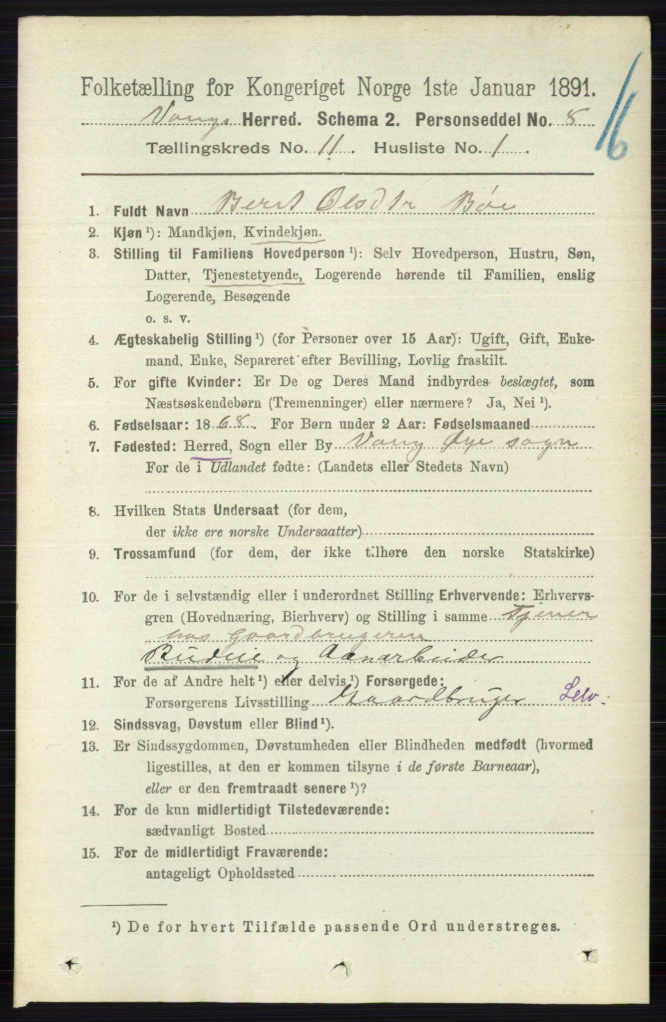 RA, 1891 census for 0545 Vang, 1891, p. 2404