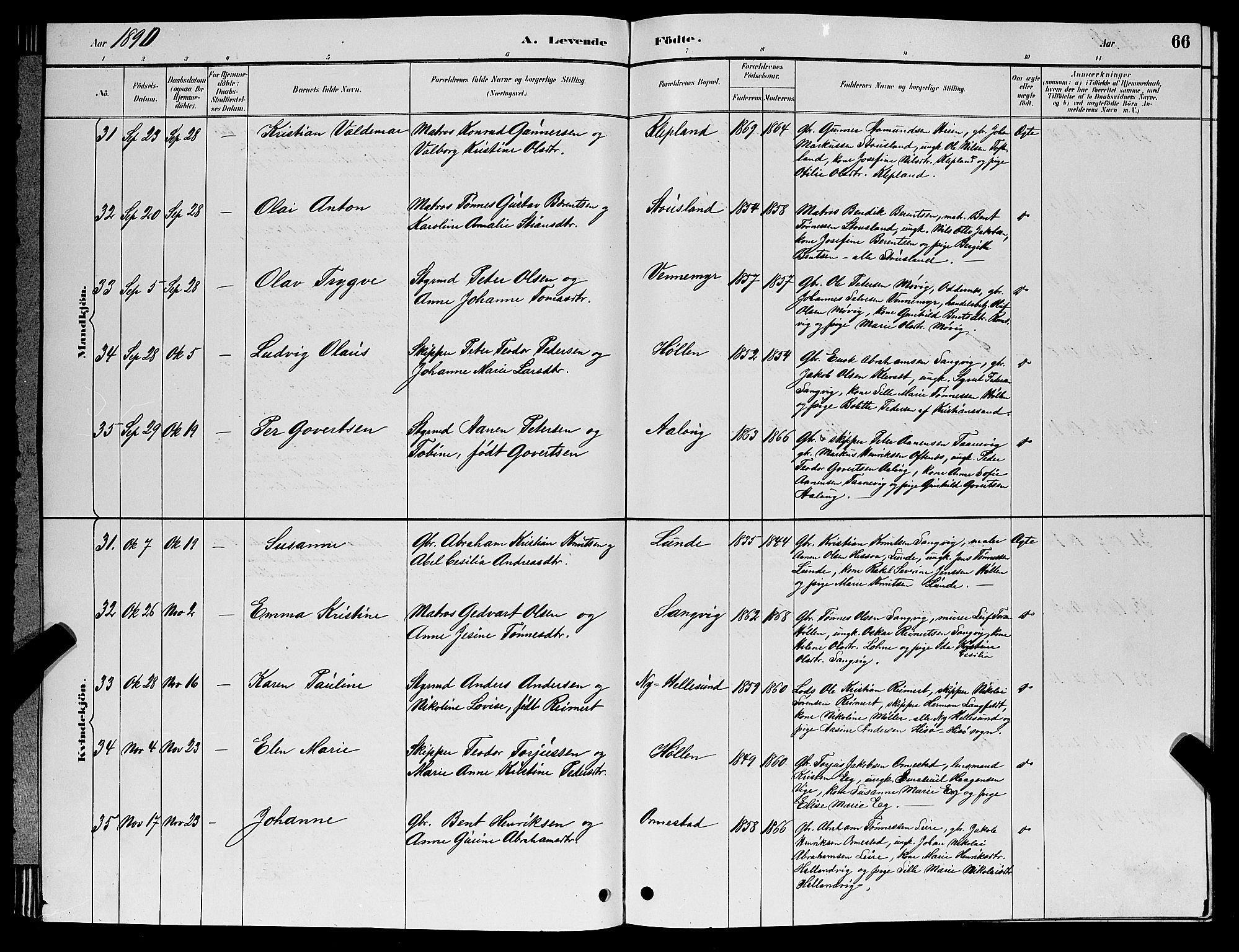 Søgne sokneprestkontor, SAK/1111-0037/F/Fb/Fbb/L0005: Parish register (copy) no. B 5, 1884-1891, p. 66