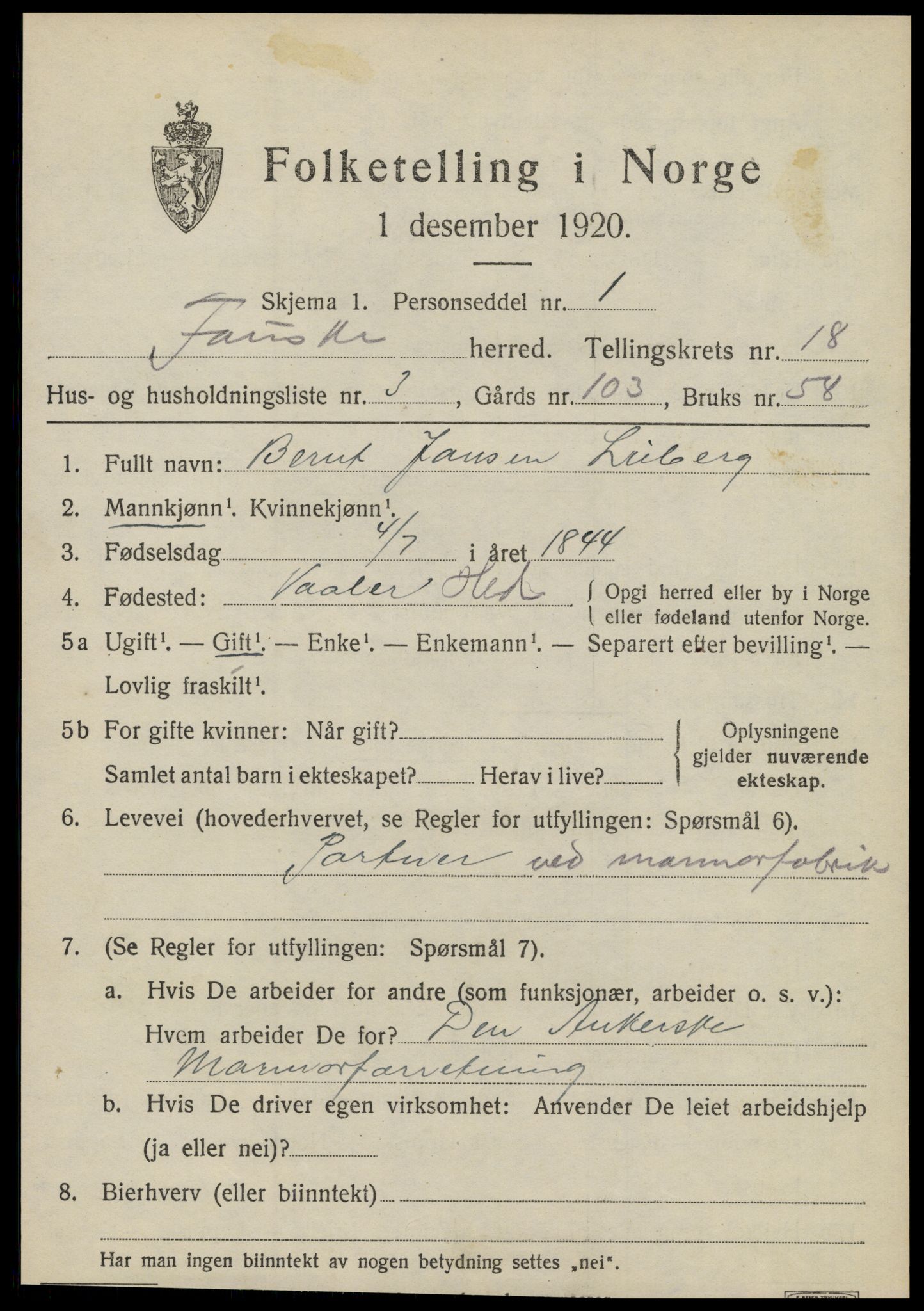 SAT, 1920 census for Fauske, 1920, p. 10826