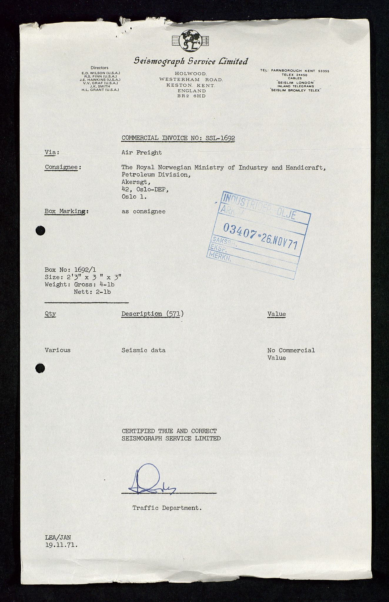 Industridepartementet, Oljekontoret, AV/SAST-A-101348/Da/L0007:  Arkivnøkkel 714 - 722 Seismiske undersøkelser, 1965-1973, p. 454