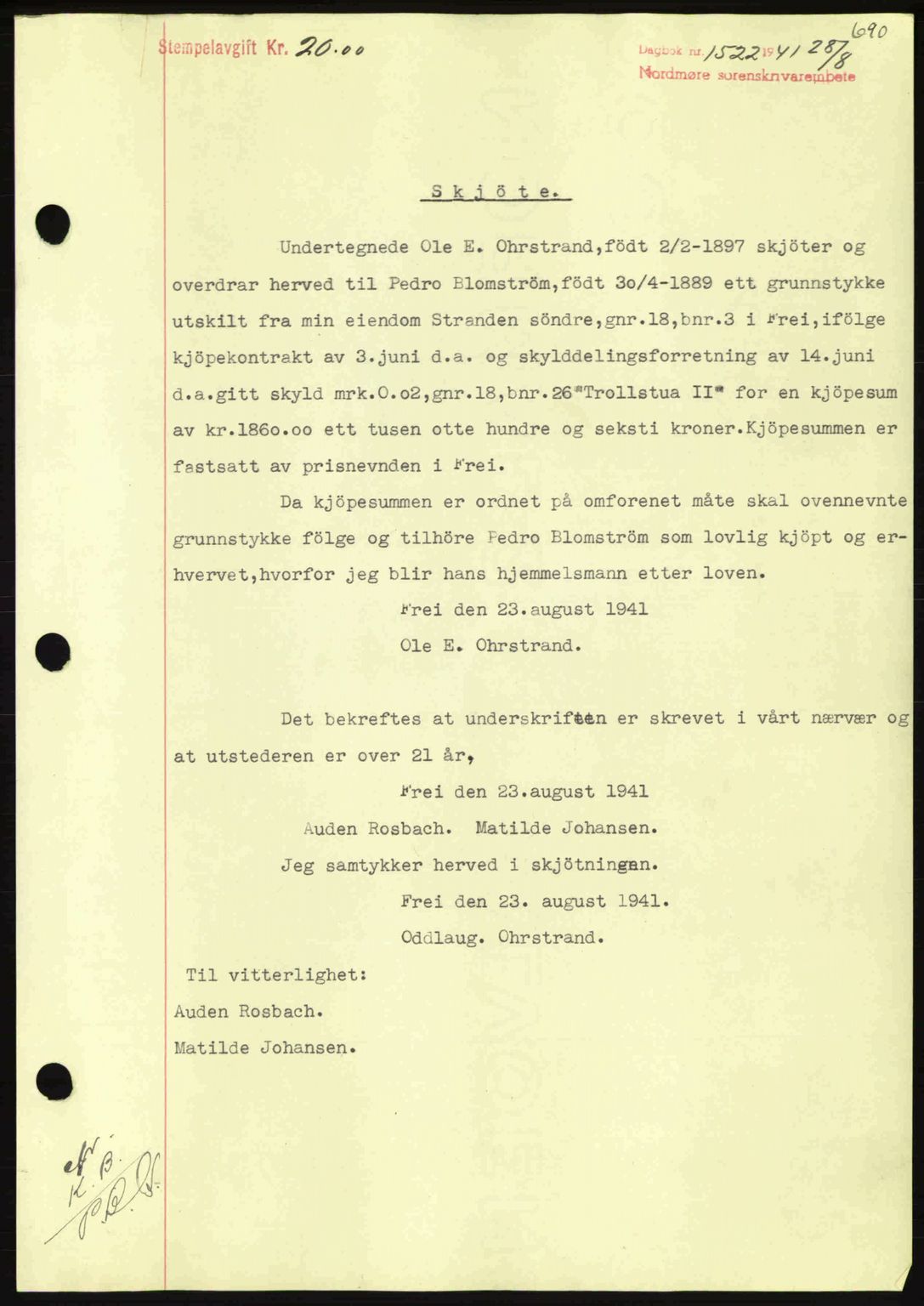 Nordmøre sorenskriveri, SAT/A-4132/1/2/2Ca: Mortgage book no. A90, 1941-1941, Diary no: : 1522/1941