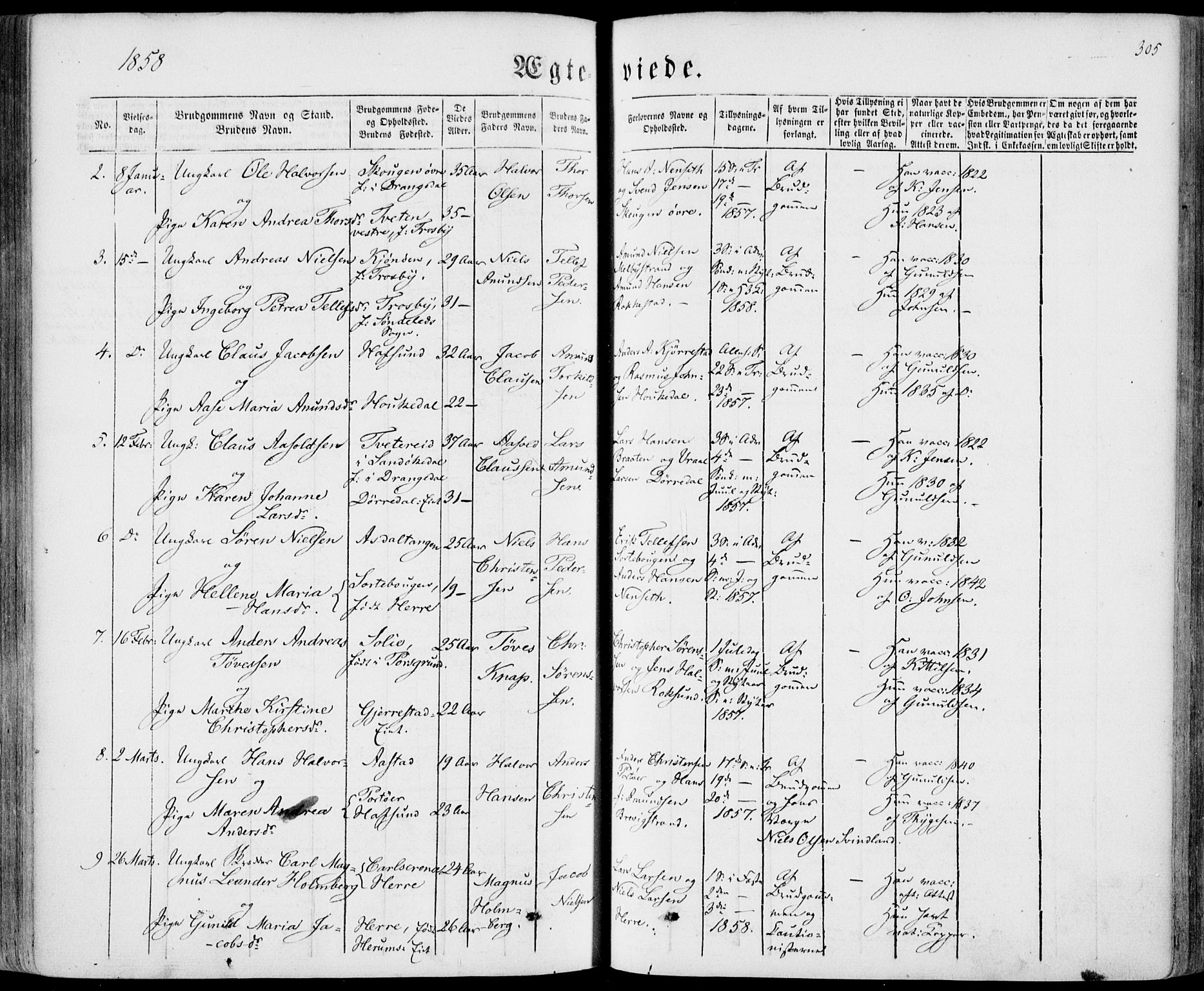 Bamble kirkebøker, SAKO/A-253/F/Fa/L0005: Parish register (official) no. I 5, 1854-1869, p. 305