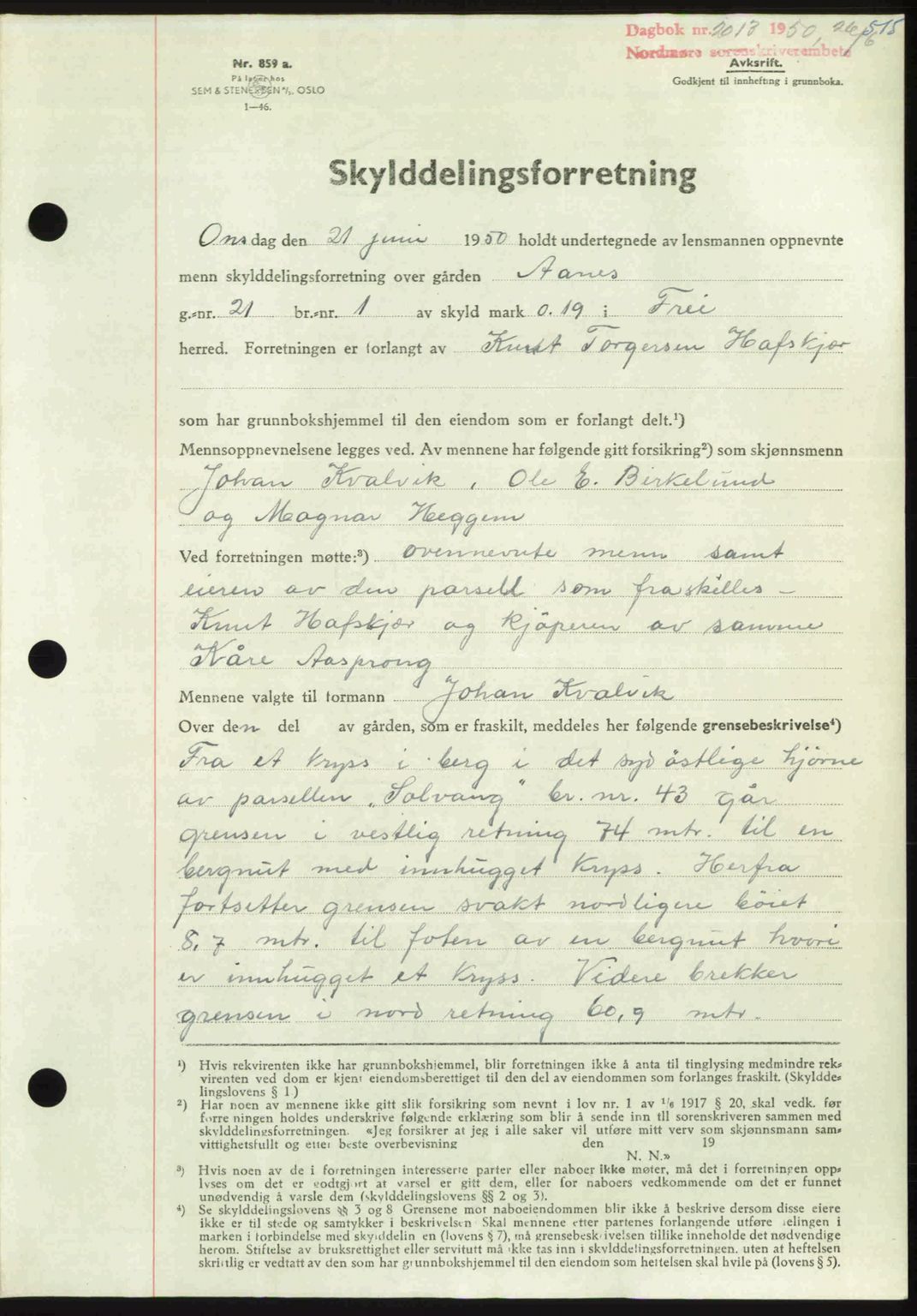 Nordmøre sorenskriveri, AV/SAT-A-4132/1/2/2Ca: Mortgage book no. A115, 1950-1950, Diary no: : 2013/1950