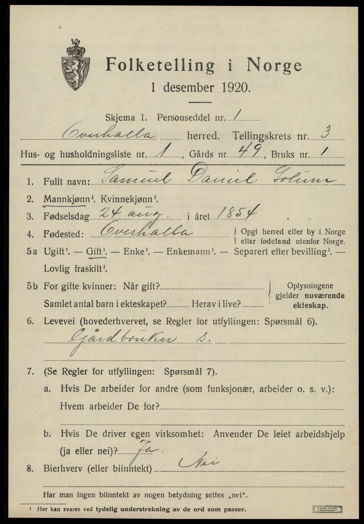 SAT, 1920 census for Overhalla, 1920, p. 2040