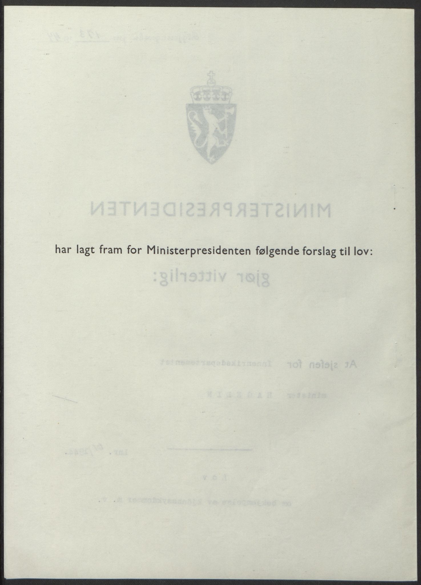 NS-administrasjonen 1940-1945 (Statsrådsekretariatet, de kommisariske statsråder mm), AV/RA-S-4279/D/Db/L0100: Lover, 1944, p. 286