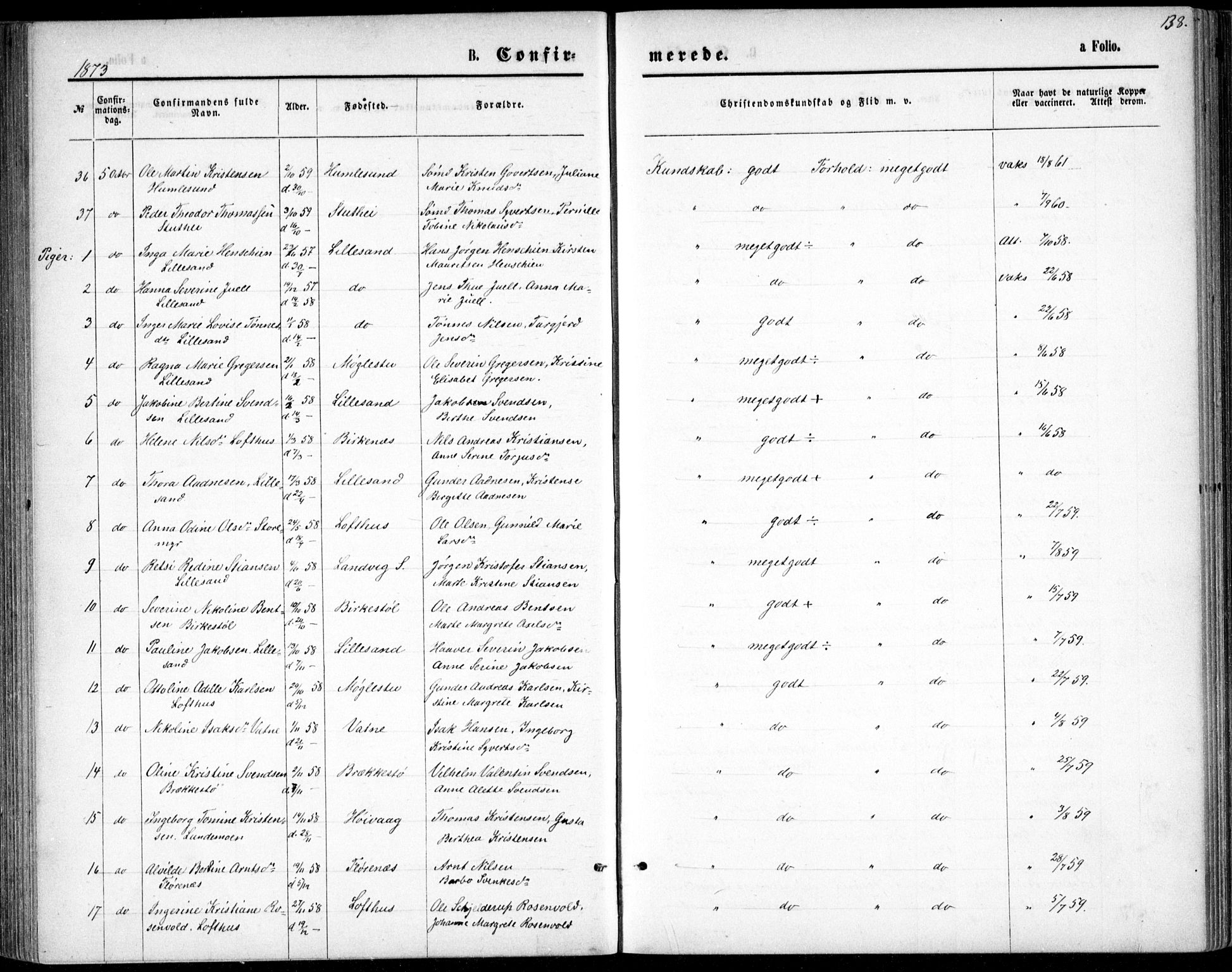 Vestre Moland sokneprestkontor, AV/SAK-1111-0046/F/Fb/Fbb/L0005: Parish register (copy) no. B 5, 1872-1883, p. 138