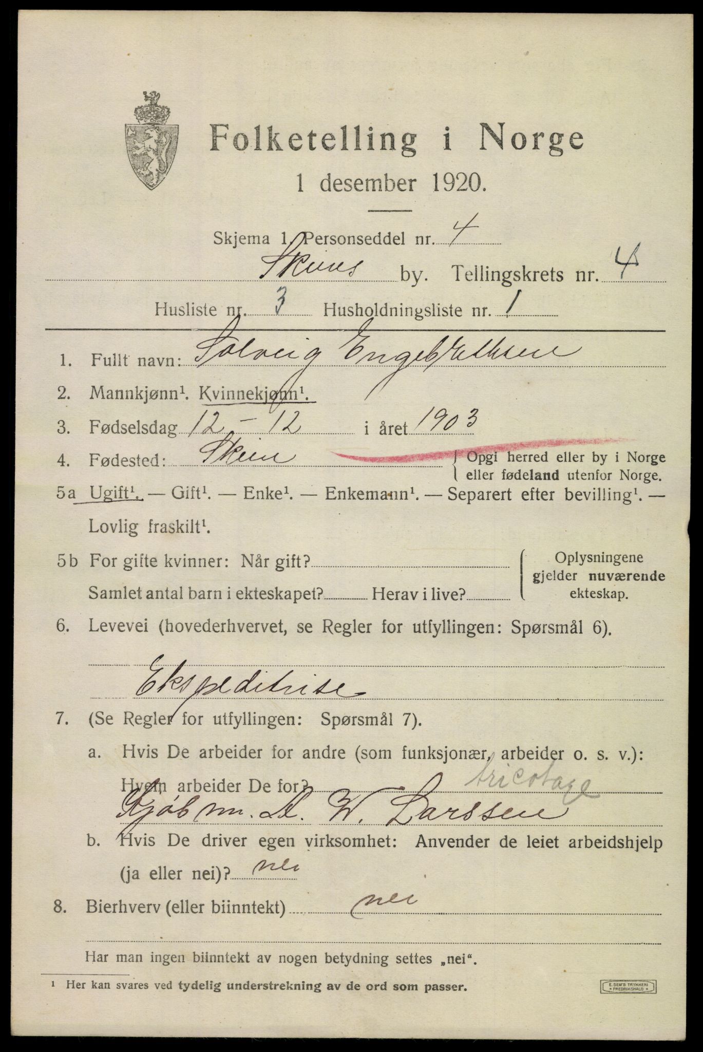 SAKO, 1920 census for Skien, 1920, p. 16846