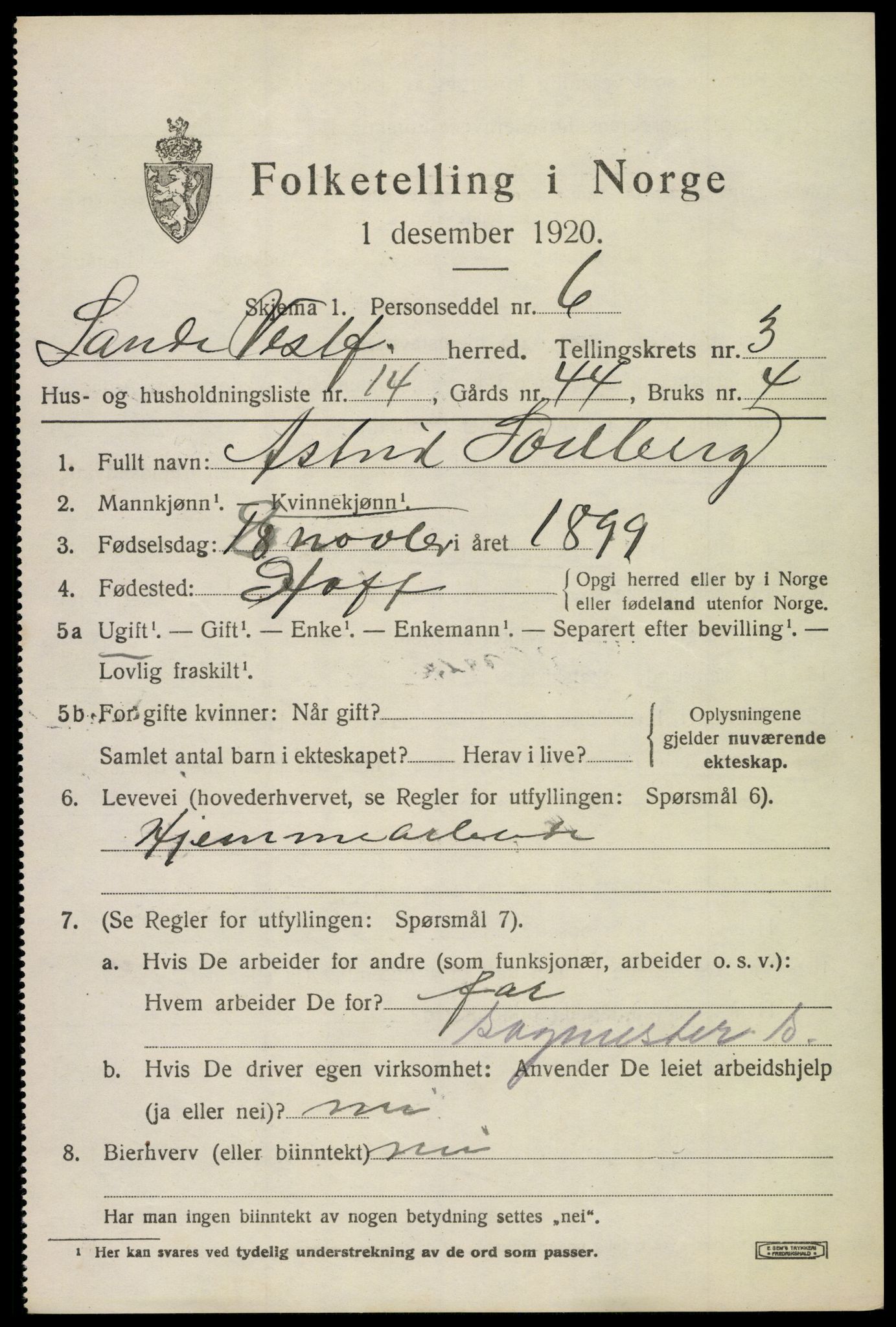 SAKO, 1920 census for Sande, 1920, p. 4240