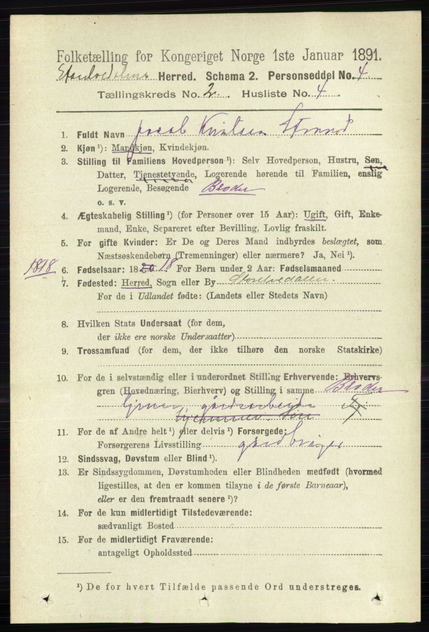 RA, 1891 census for 0430 Stor-Elvdal, 1891, p. 395