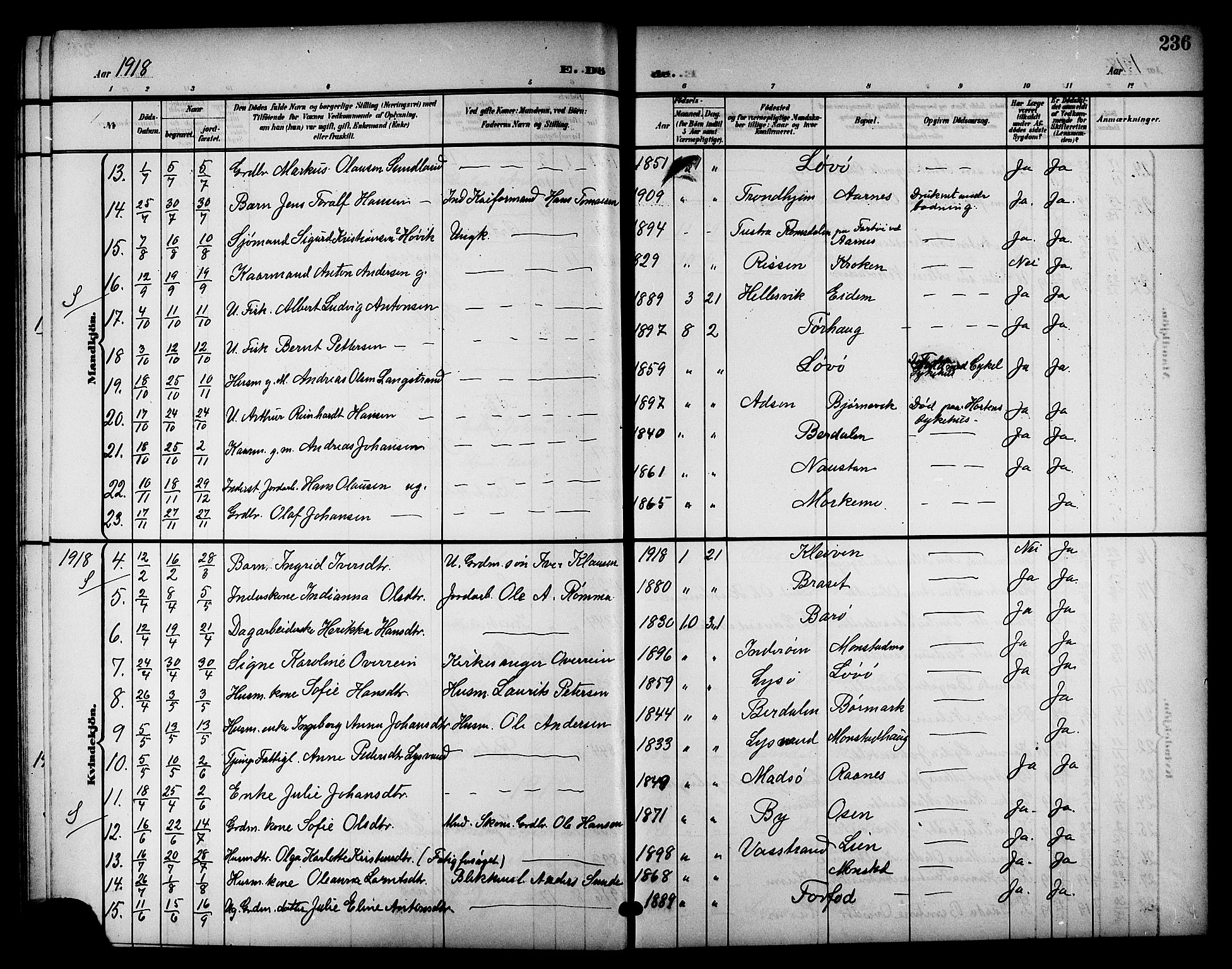 Ministerialprotokoller, klokkerbøker og fødselsregistre - Sør-Trøndelag, SAT/A-1456/655/L0688: Parish register (copy) no. 655C04, 1899-1922, p. 236