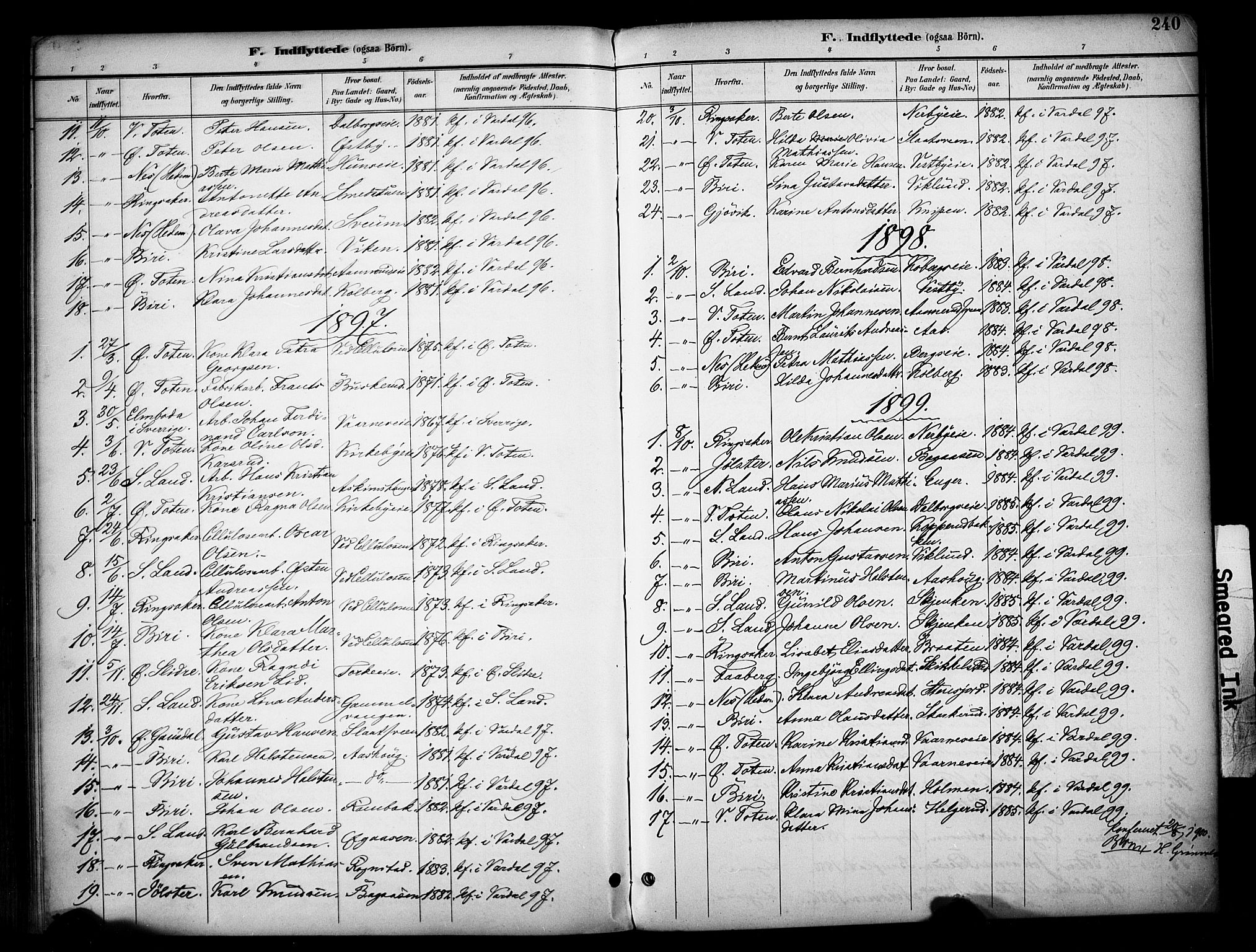 Vardal prestekontor, AV/SAH-PREST-100/H/Ha/Haa/L0012: Parish register (official) no. 12, 1893-1904, p. 240