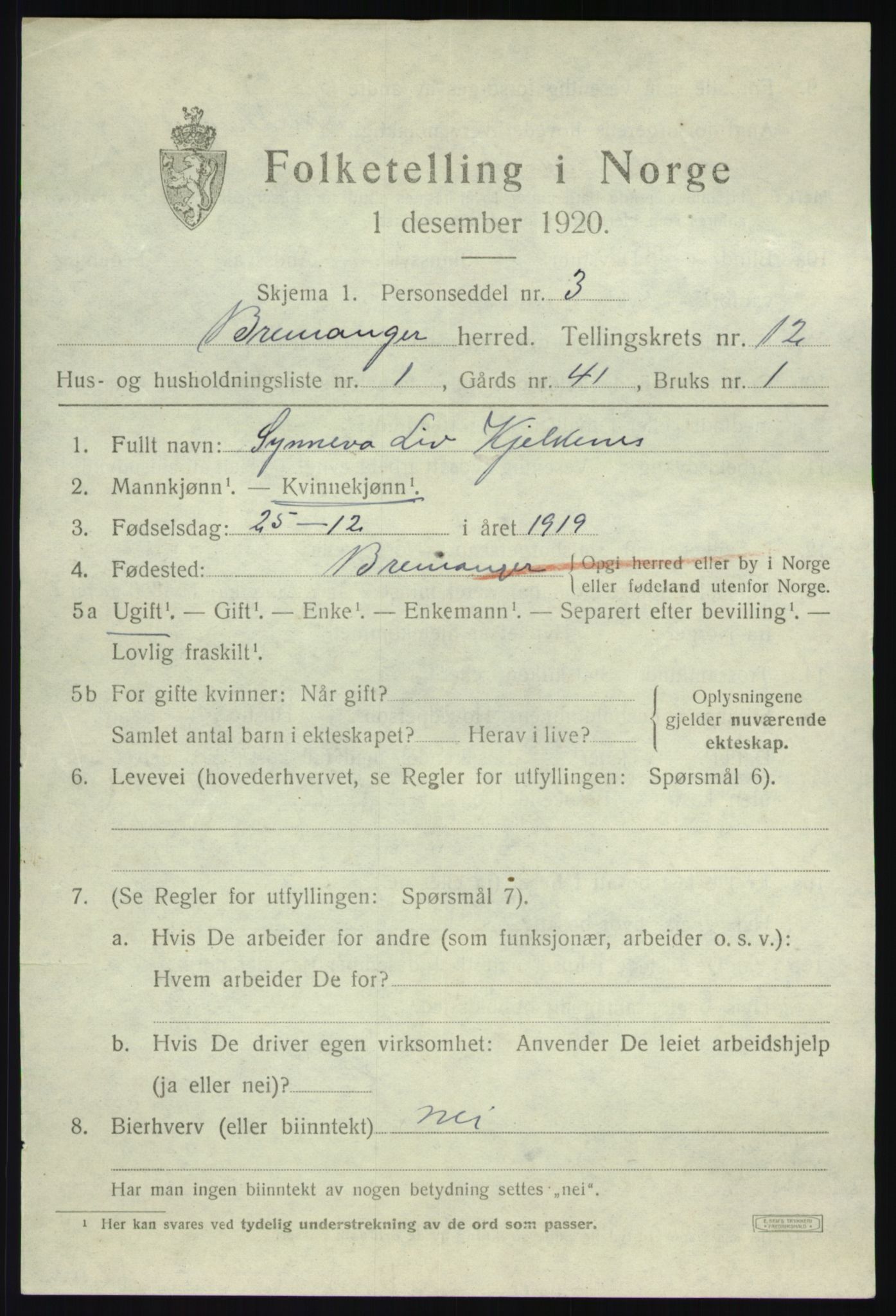 SAB, 1920 census for Bremanger, 1920, p. 6460