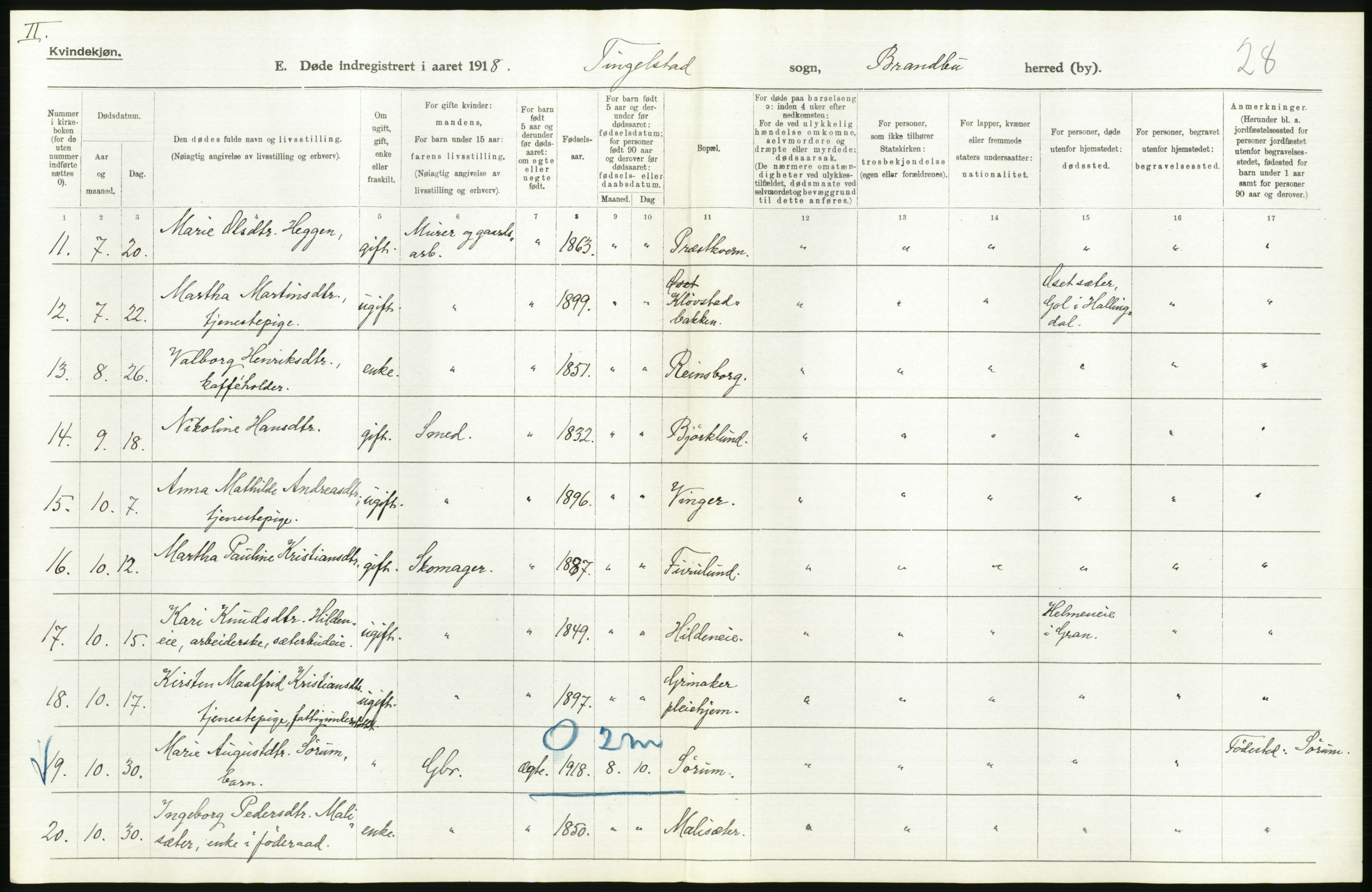 Statistisk sentralbyrå, Sosiodemografiske emner, Befolkning, RA/S-2228/D/Df/Dfb/Dfbh/L0017: Oppland fylke: Døde. Bygder og byer., 1918, p. 252