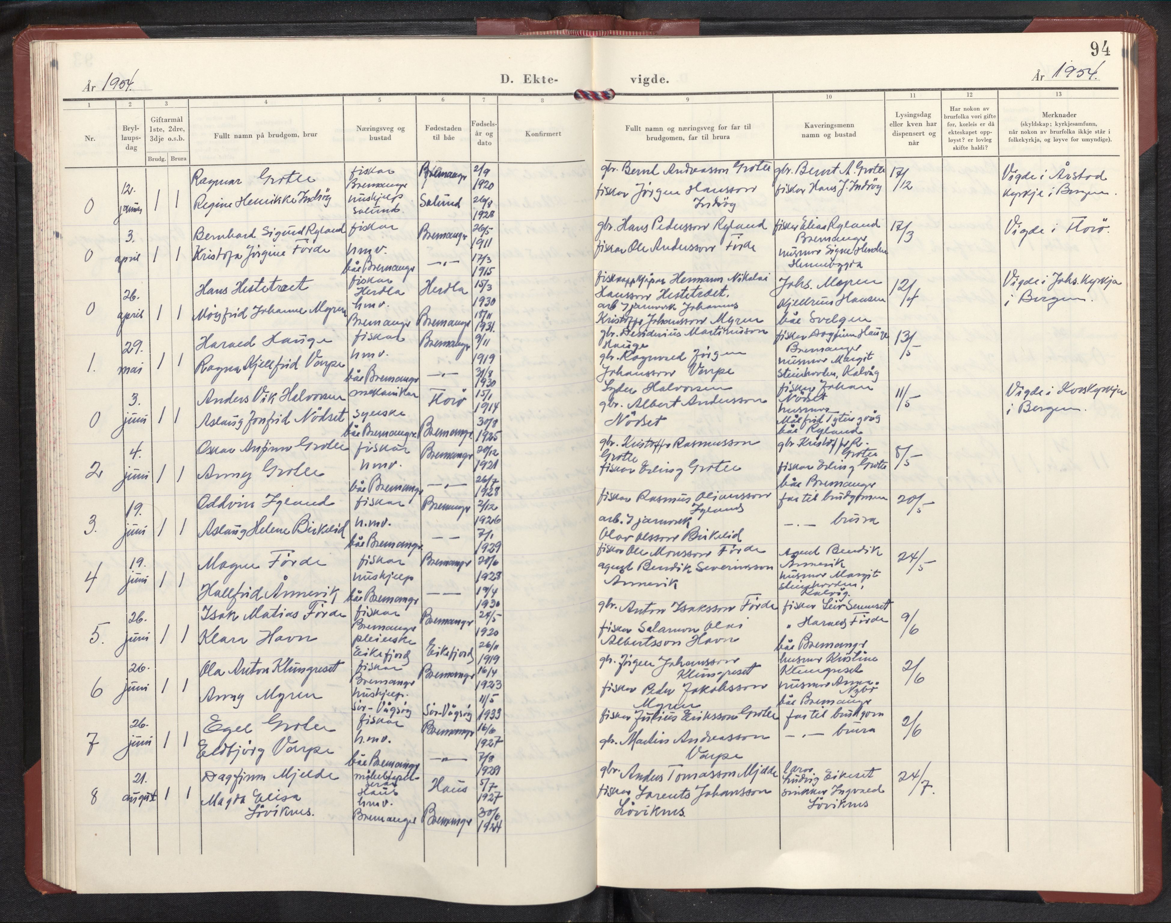 Bremanger sokneprestembete, AV/SAB-A-82201/H/Hab/Habc/L0004: Parish register (copy) no. C 4, 1953-1970, p. 93b-94a