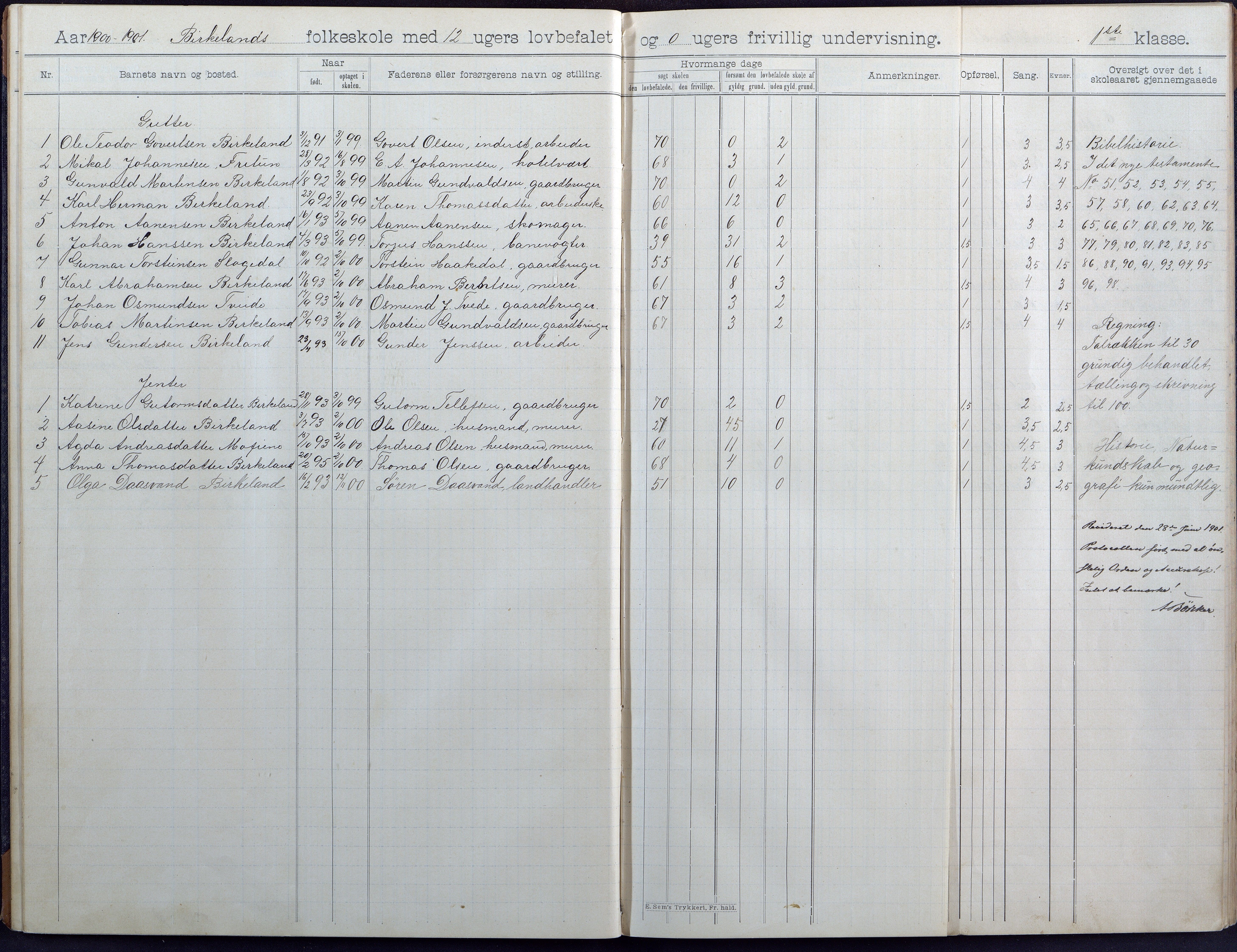 Birkenes kommune, Birkenes krets/Birkeland folkeskole frem til 1991, AAKS/KA0928-550a_91/F02/L0005: Skoleprotokoll, 1898-1911