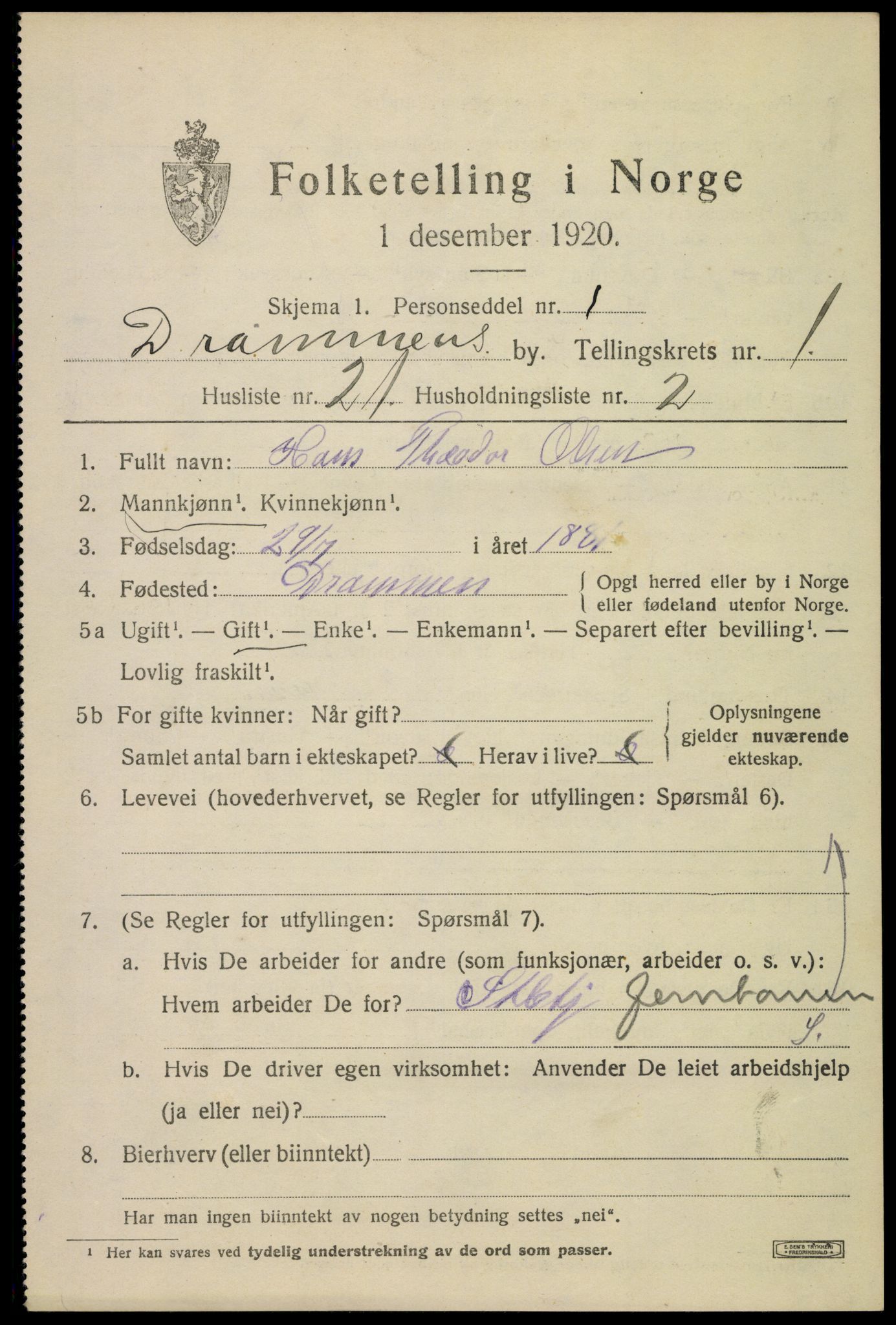 SAKO, 1920 census for Drammen, 1920, p. 18877