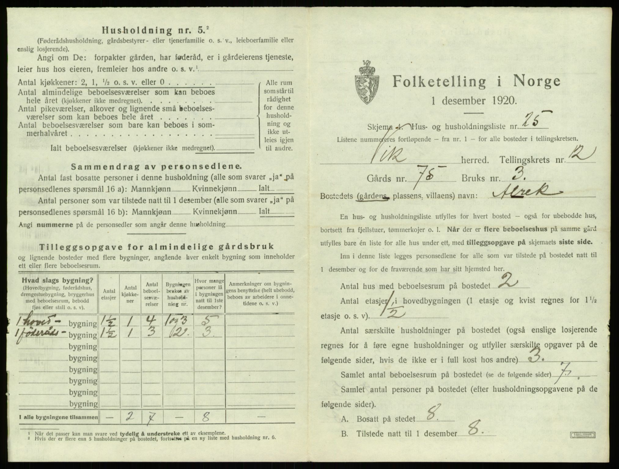 SAB, 1920 census for Vik, 1920, p. 1135