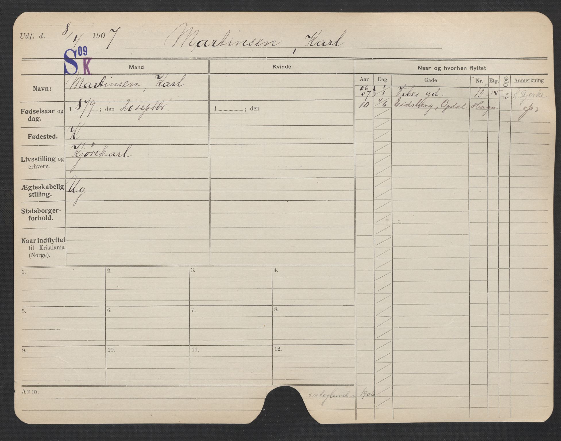 Oslo folkeregister, Registerkort, AV/SAO-A-11715/F/Fa/Fac/L0007: Menn, 1906-1914, p. 574a