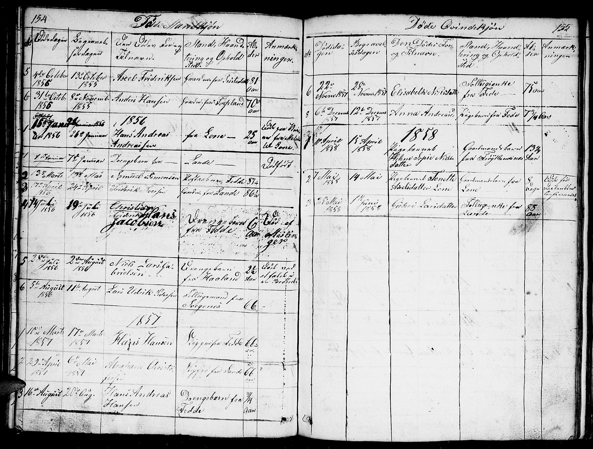 Kvinesdal sokneprestkontor, AV/SAK-1111-0026/F/Fb/Fba/L0002: Parish register (copy) no. B 2, 1838-1858, p. 154-155