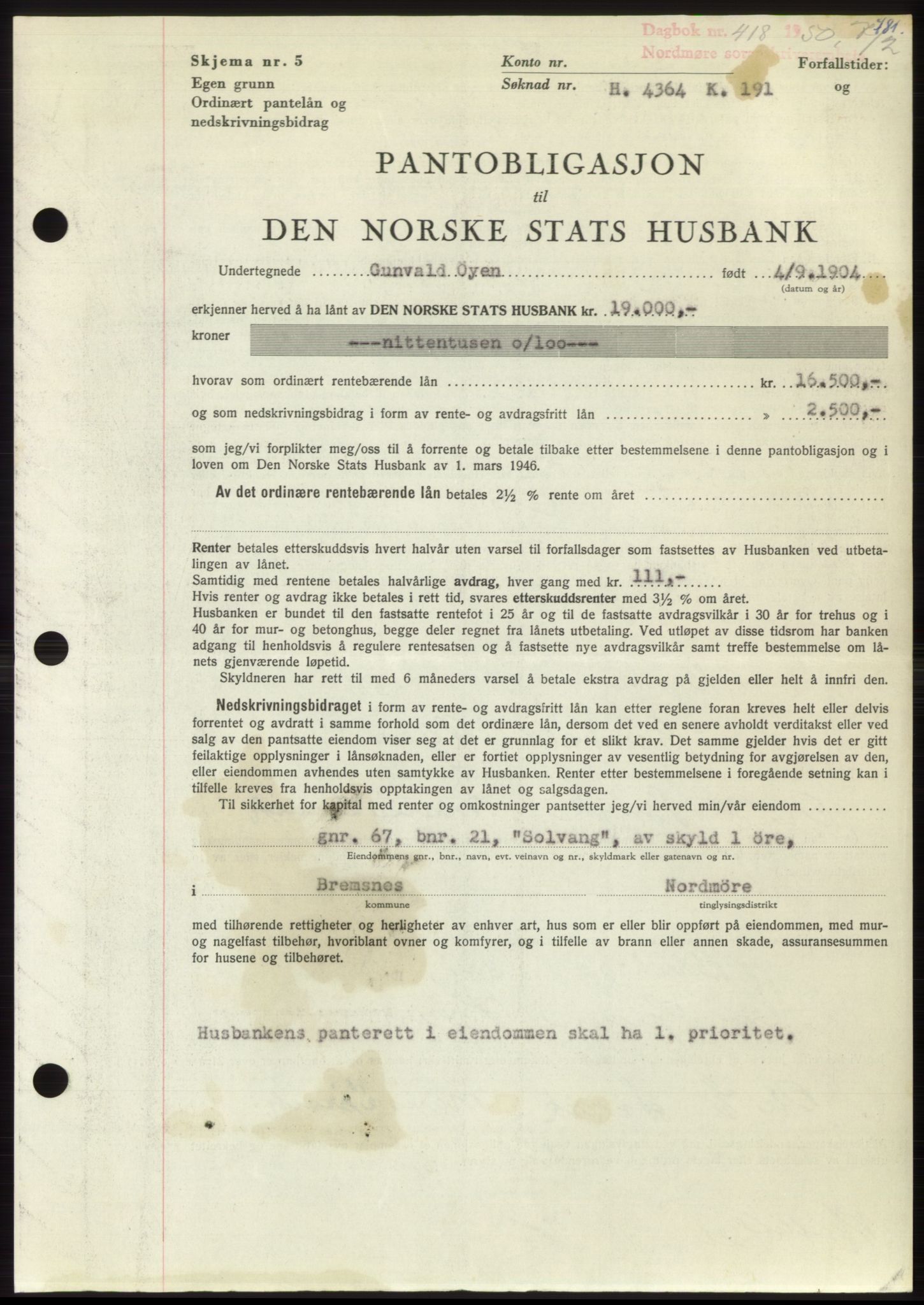 Nordmøre sorenskriveri, AV/SAT-A-4132/1/2/2Ca: Mortgage book no. B103, 1949-1950, Diary no: : 418/1950