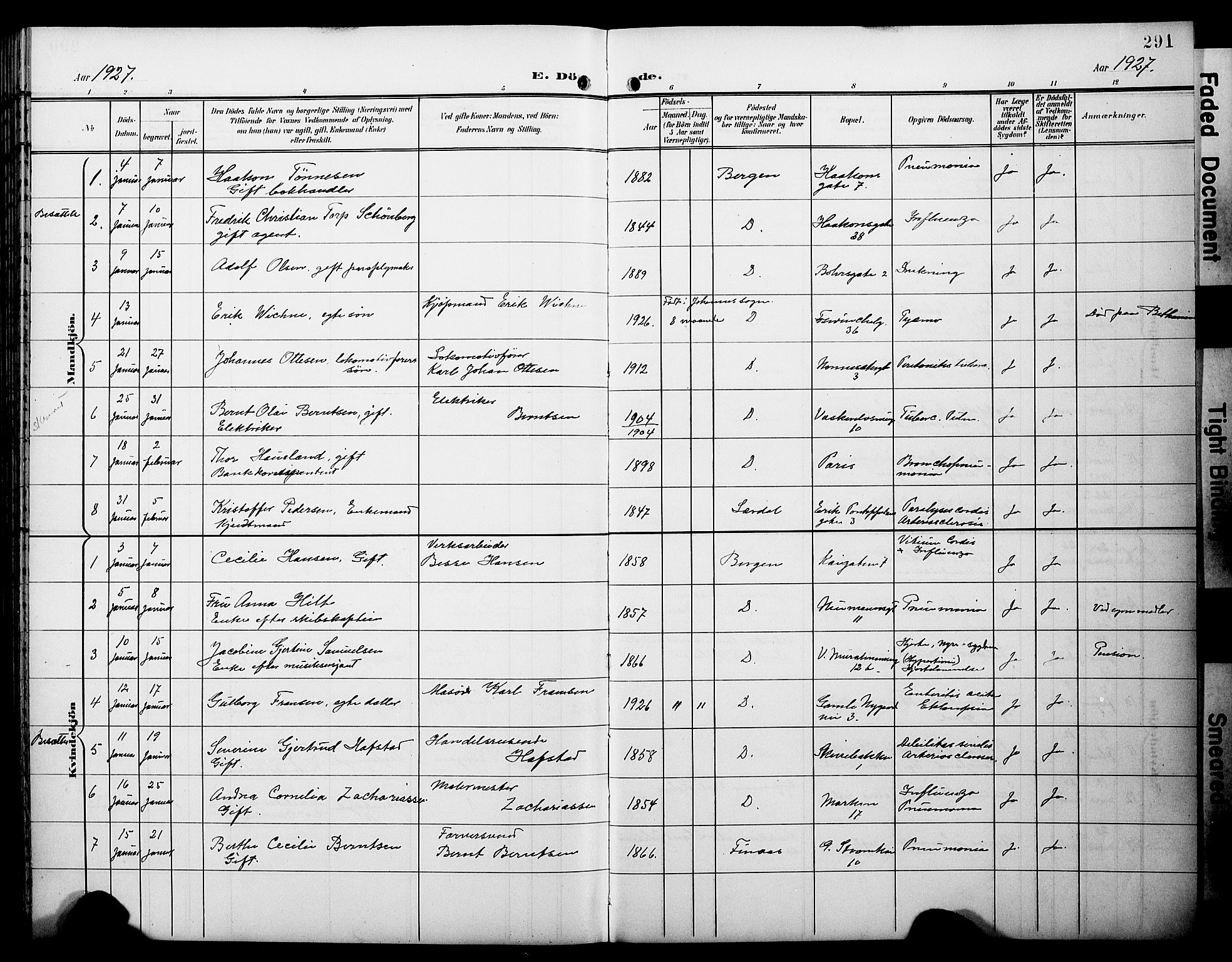 Domkirken sokneprestembete, AV/SAB-A-74801/H/Hab/L0042: Parish register (copy) no. E 6, 1900-1929, p. 291