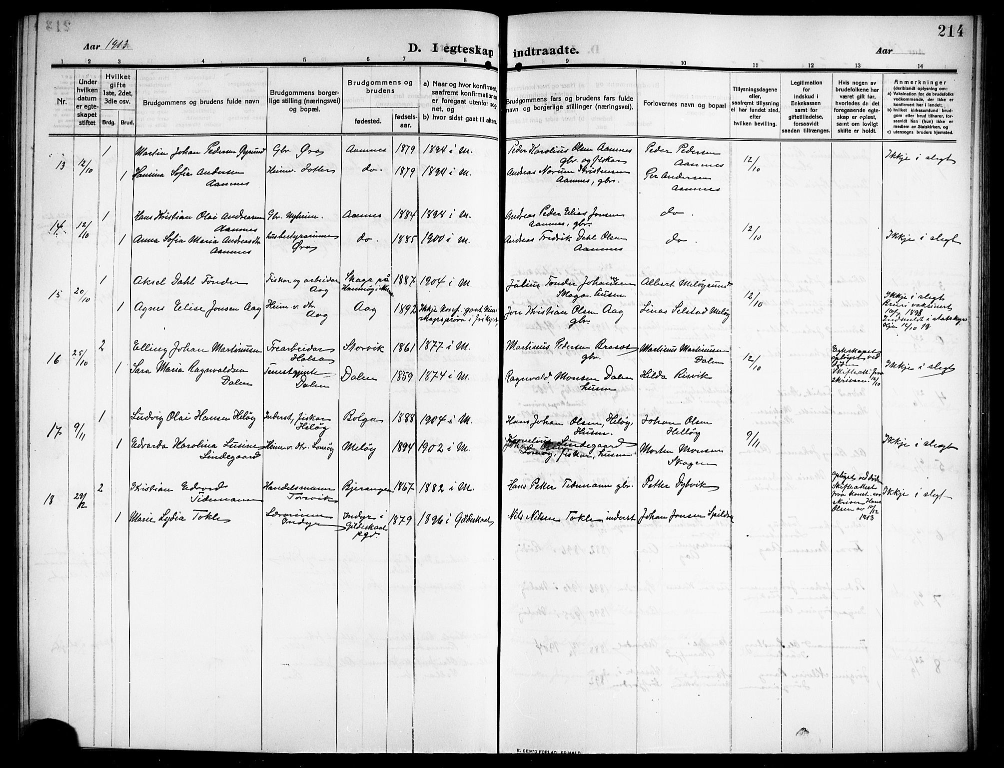 Ministerialprotokoller, klokkerbøker og fødselsregistre - Nordland, AV/SAT-A-1459/843/L0639: Parish register (copy) no. 843C08, 1908-1924, p. 214