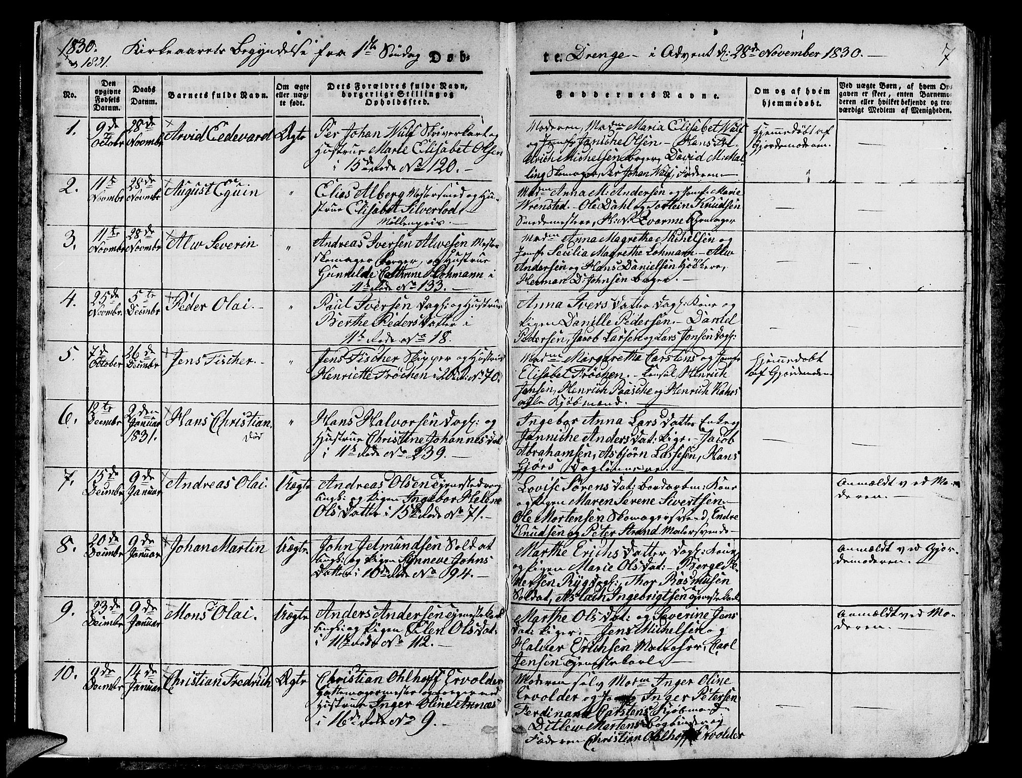 Domkirken sokneprestembete, SAB/A-74801/H/Hab/L0006: Parish register (copy) no. A 6, 1827-1834, p. 7
