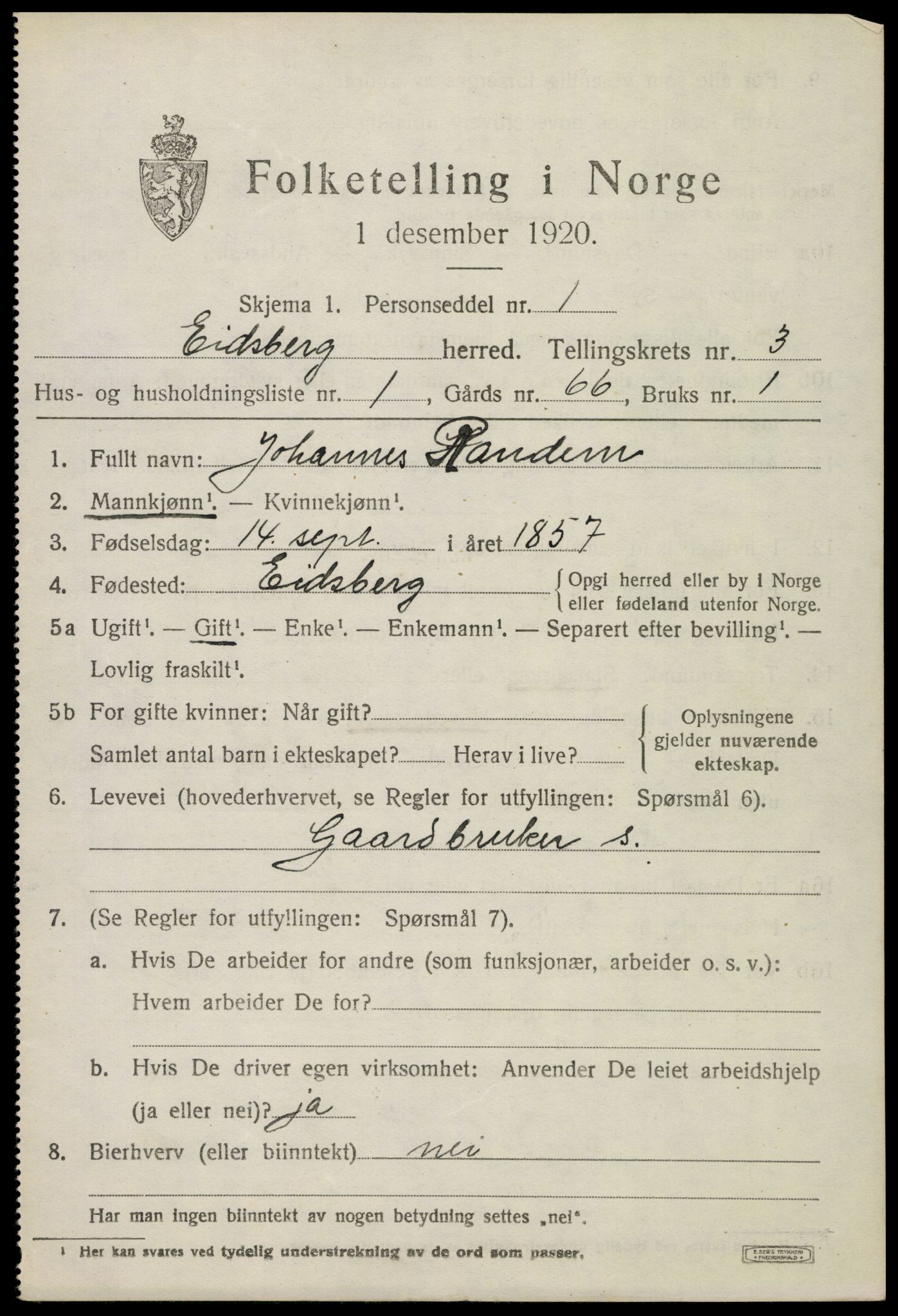 SAO, 1920 census for Eidsberg, 1920, p. 3979