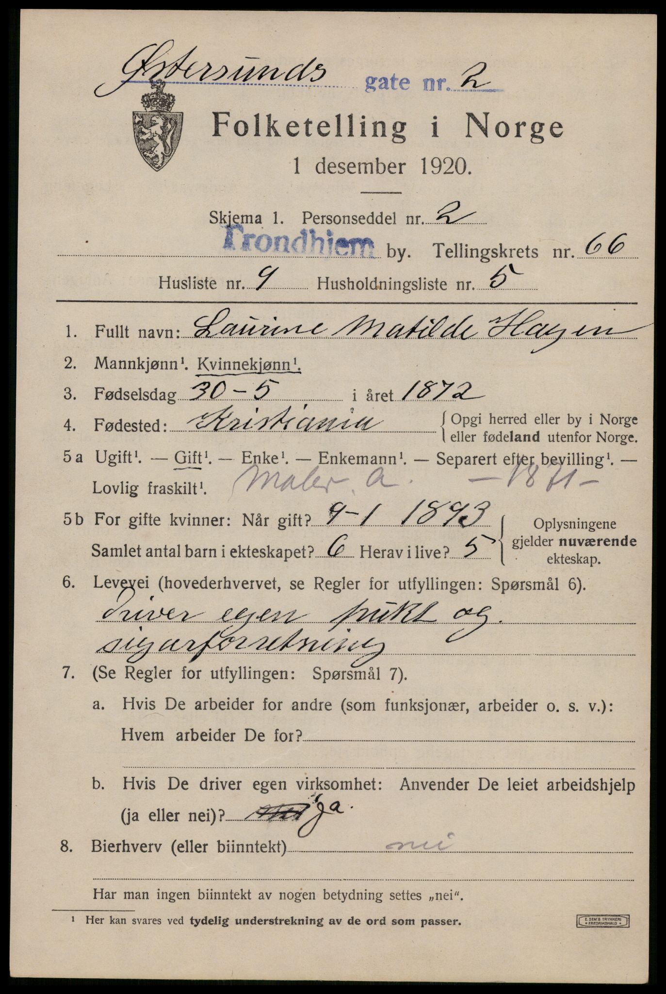 SAT, 1920 census for Trondheim, 1920, p. 130754