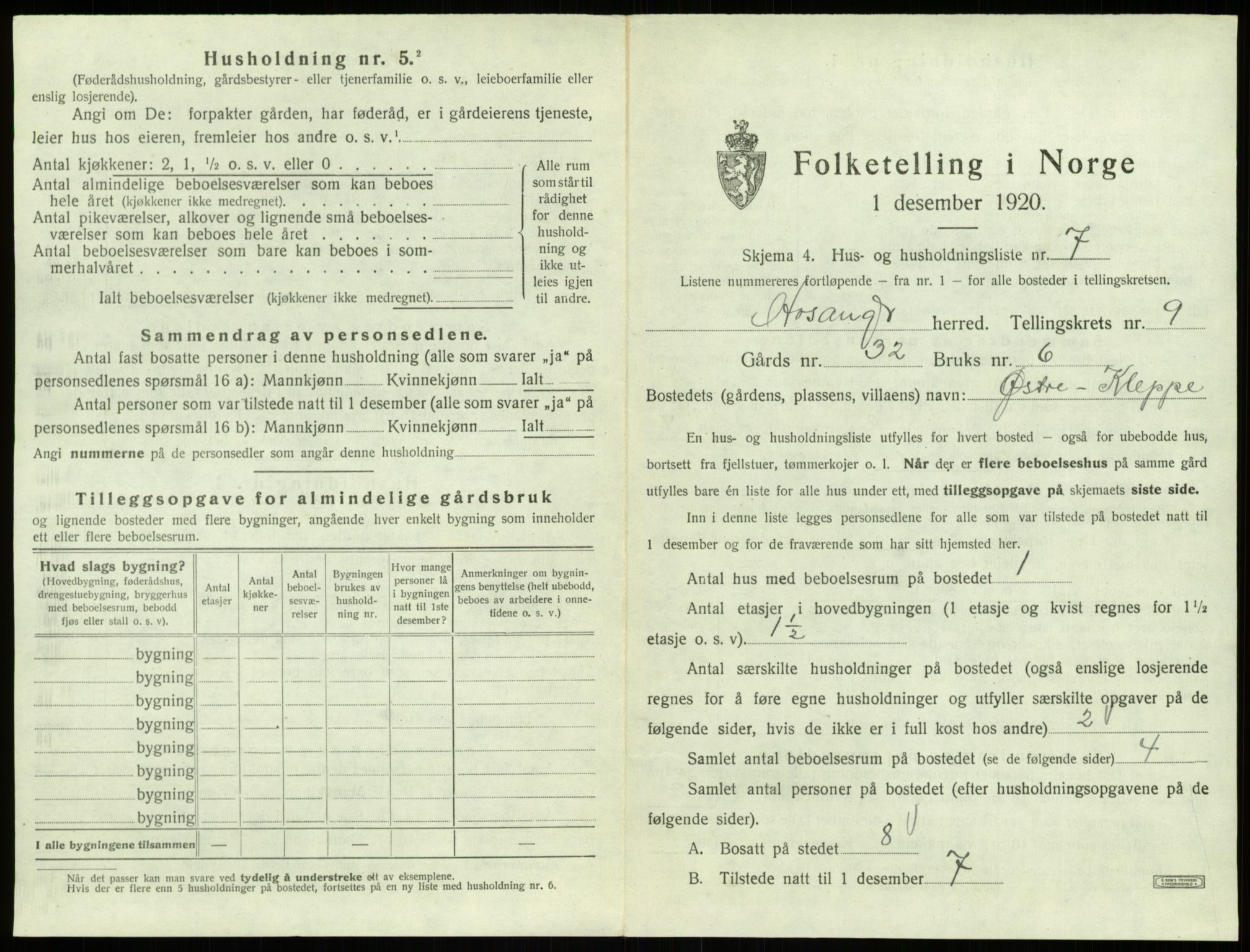 SAB, 1920 census for Hosanger, 1920, p. 501