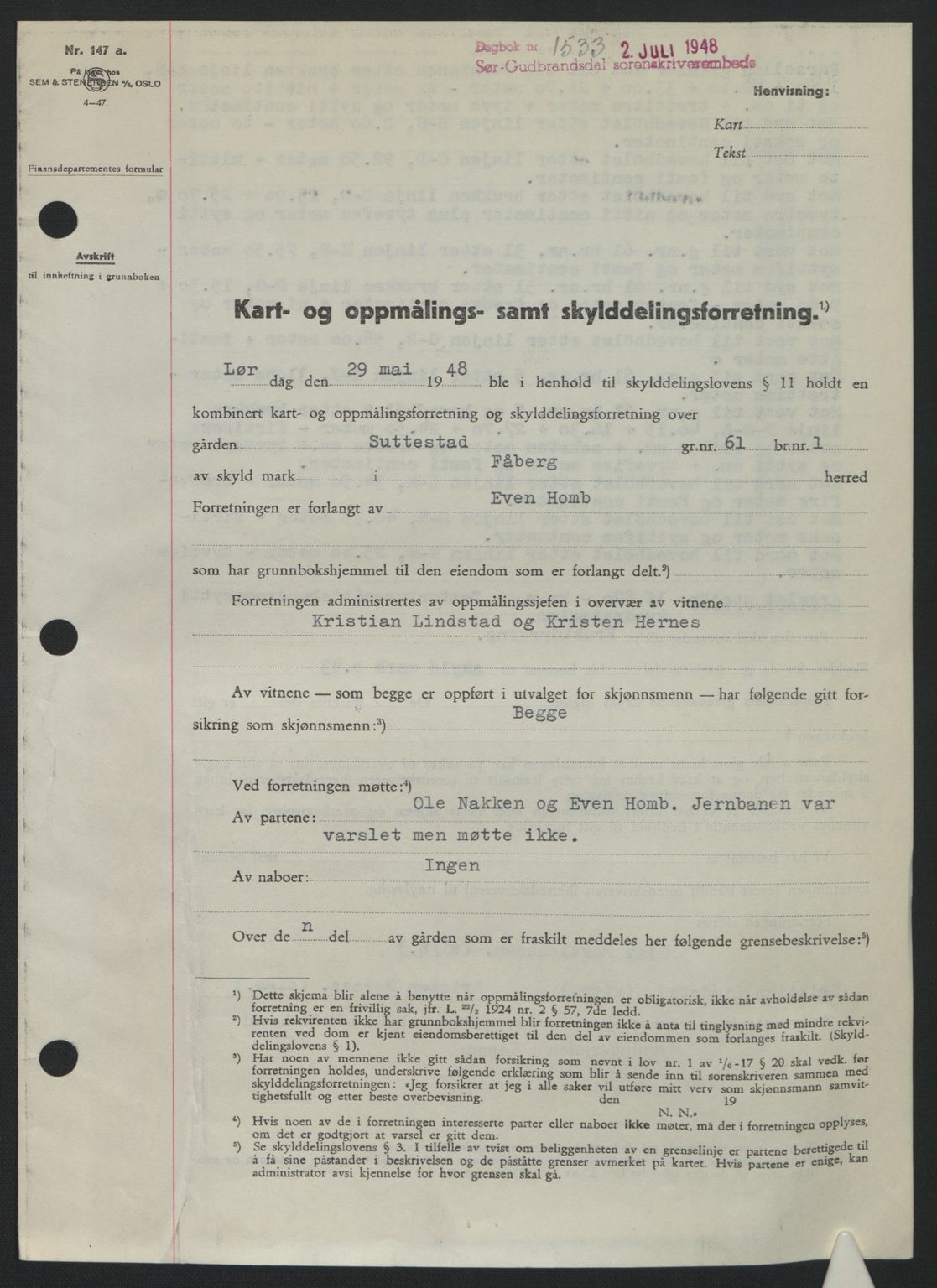 Sør-Gudbrandsdal tingrett, SAH/TING-004/H/Hb/Hbd/L0022: Mortgage book no. A22, 1948-1948, Diary no: : 1533/1948