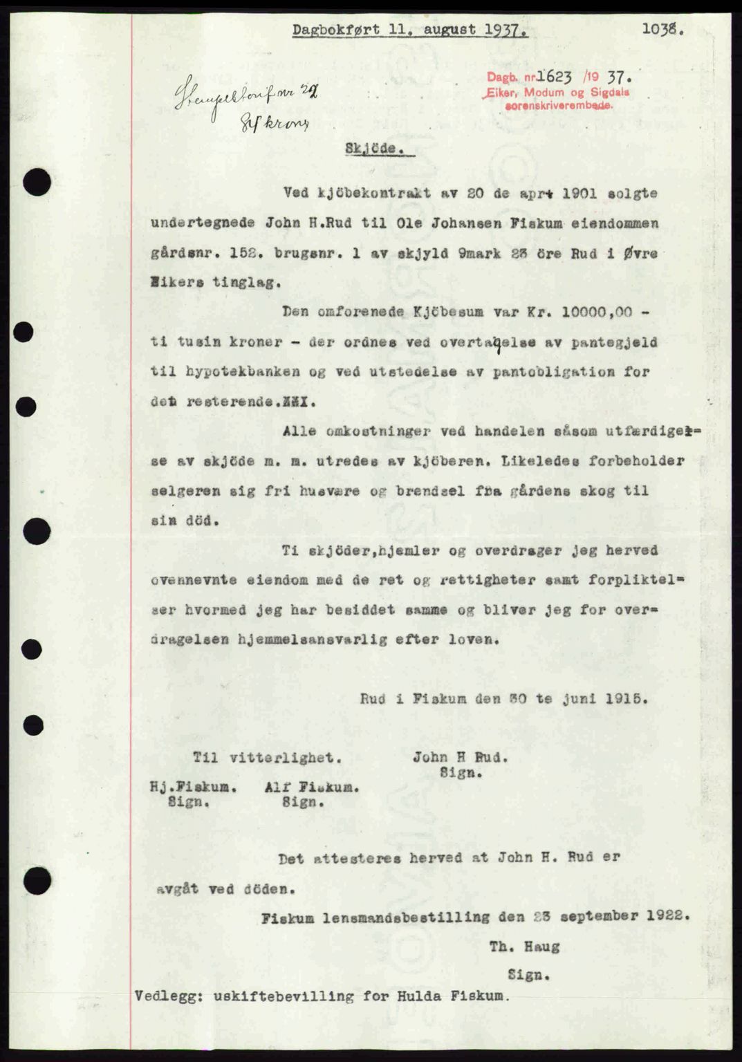 Eiker, Modum og Sigdal sorenskriveri, SAKO/A-123/G/Ga/Gab/L0035: Mortgage book no. A5, 1937-1937, Diary no: : 1623/1937