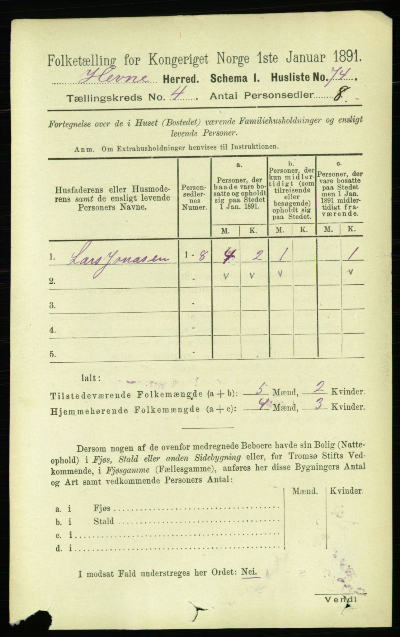 RA, 1891 census for 1612 Hemne, 1891, p. 1858