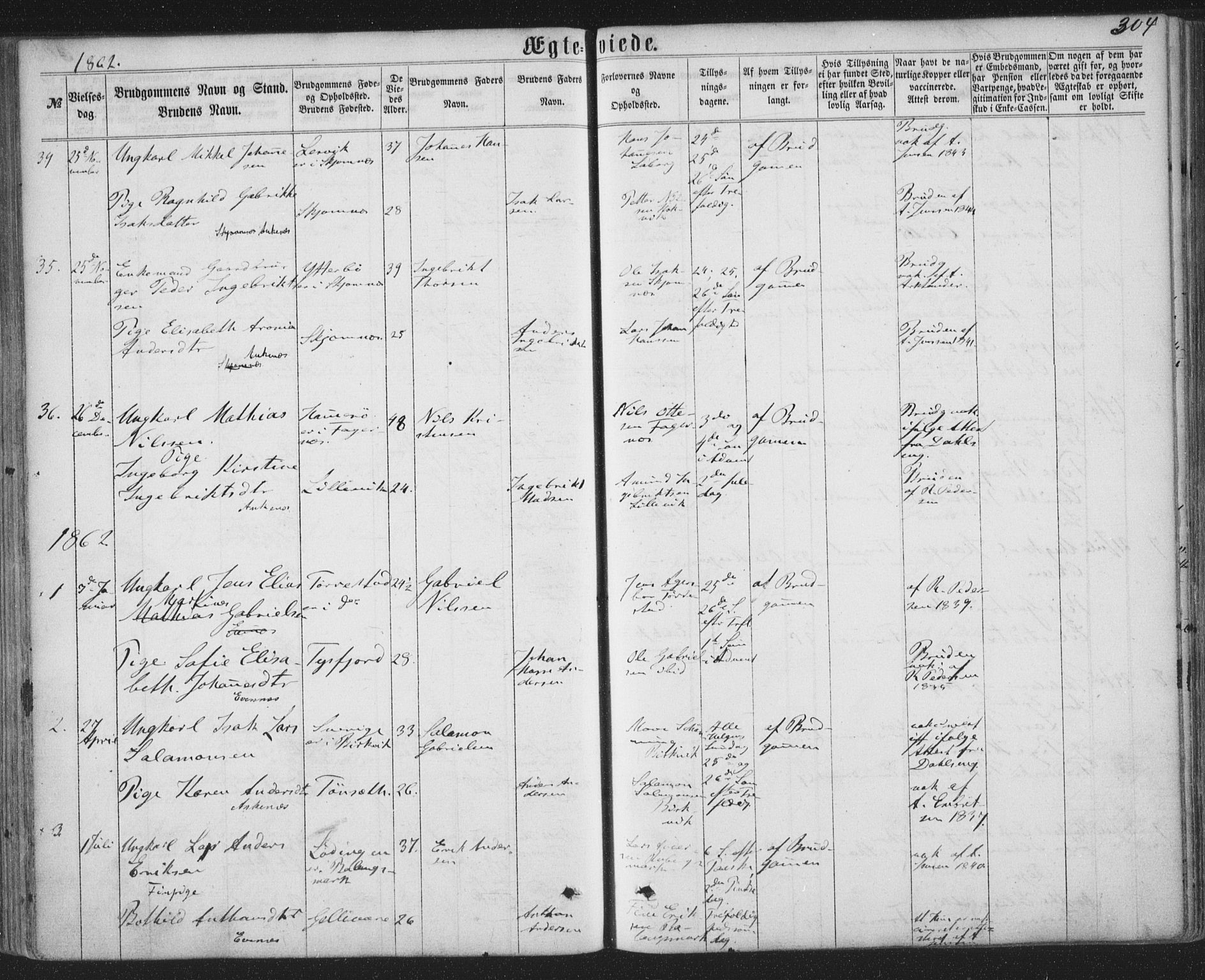 Ministerialprotokoller, klokkerbøker og fødselsregistre - Nordland, AV/SAT-A-1459/863/L0896: Parish register (official) no. 863A08, 1861-1871, p. 304