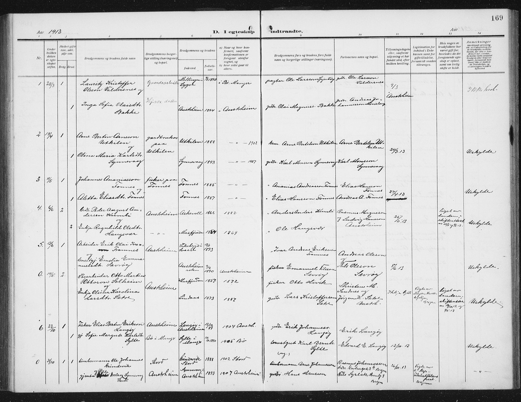 Lindås Sokneprestembete, SAB/A-76701/H/Hab: Parish register (copy) no. C 5, 1910-1927, p. 169