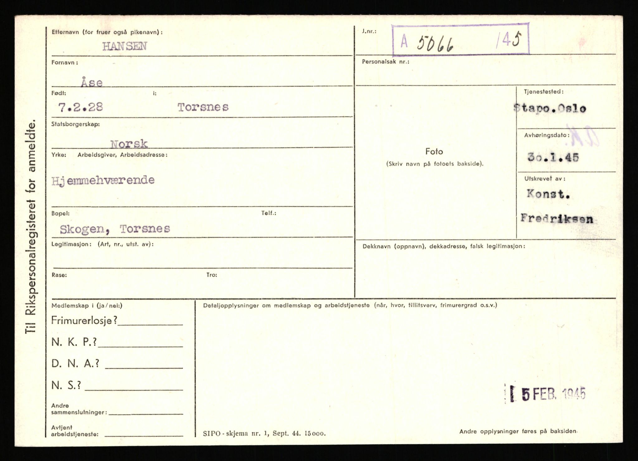 Statspolitiet - Hovedkontoret / Osloavdelingen, AV/RA-S-1329/C/Ca/L0006: Hanche - Hokstvedt, 1943-1945, p. 100