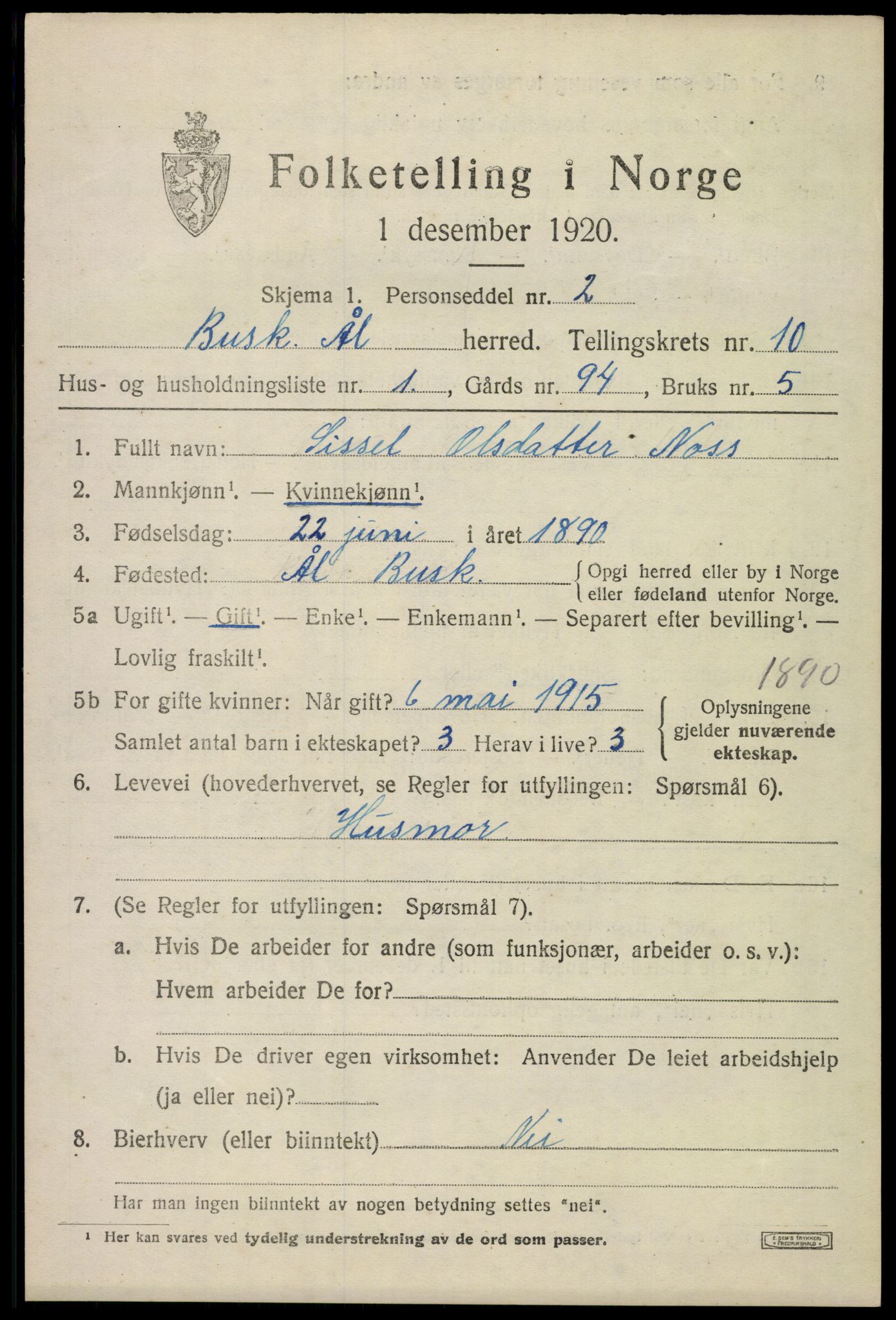 SAKO, 1920 census for Ål, 1920, p. 5948