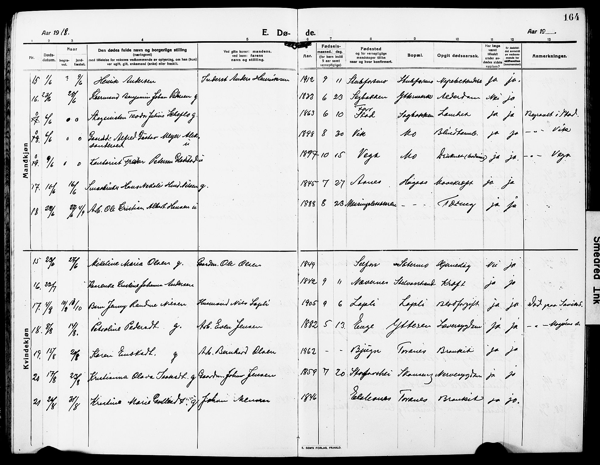 Ministerialprotokoller, klokkerbøker og fødselsregistre - Nordland, AV/SAT-A-1459/827/L0424: Parish register (copy) no. 827C13, 1921-1930, p. 164