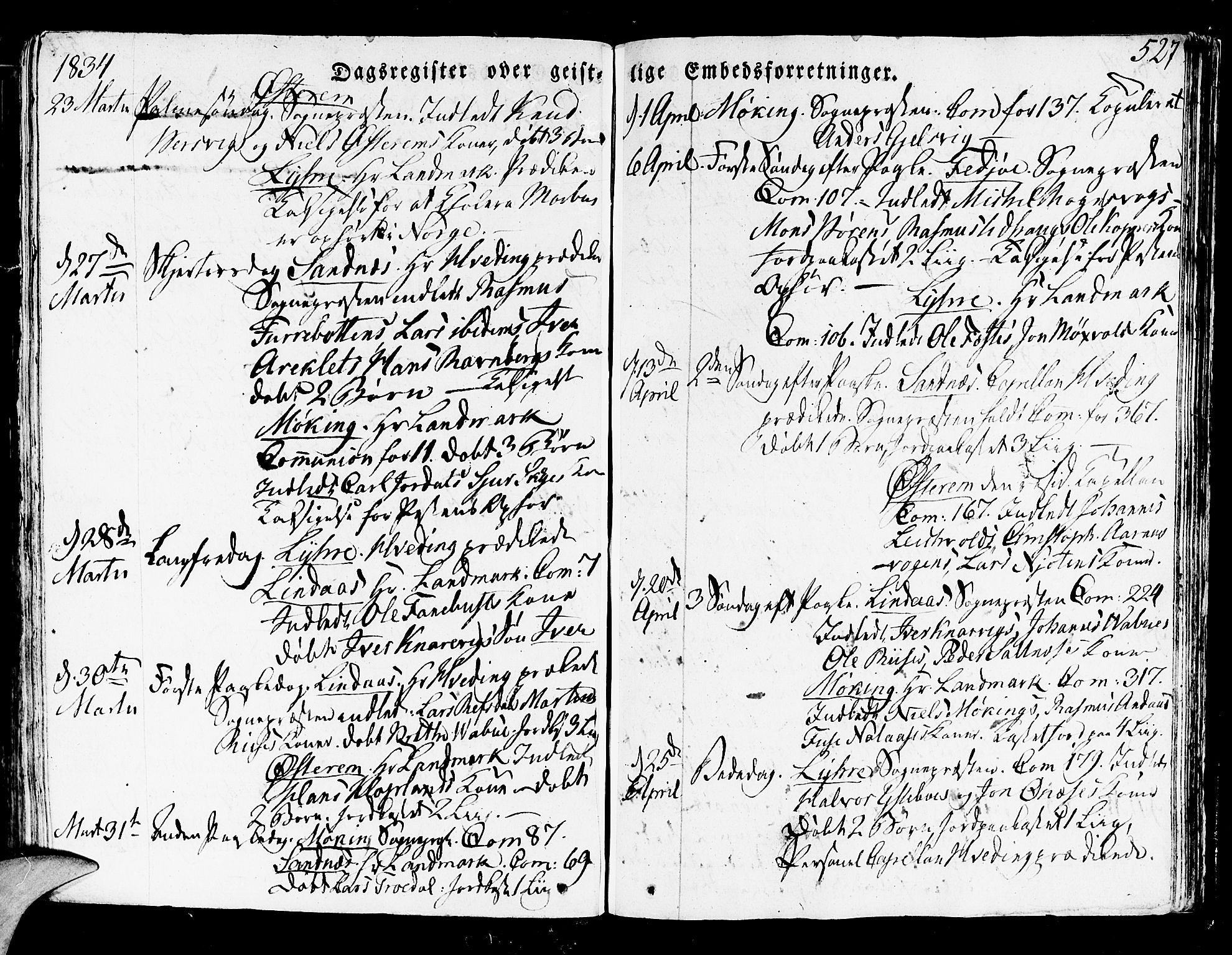 Lindås Sokneprestembete, AV/SAB-A-76701/H/Haa/Haaa/L0008: Parish register (official) no. A 8, 1823-1836, p. 527