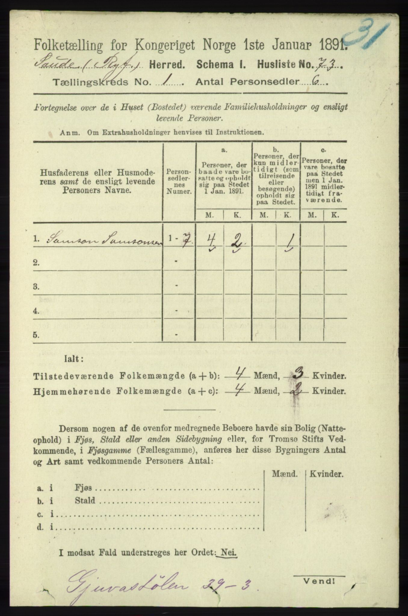 RA, 1891 census for 1135 Sauda, 1891, p. 92