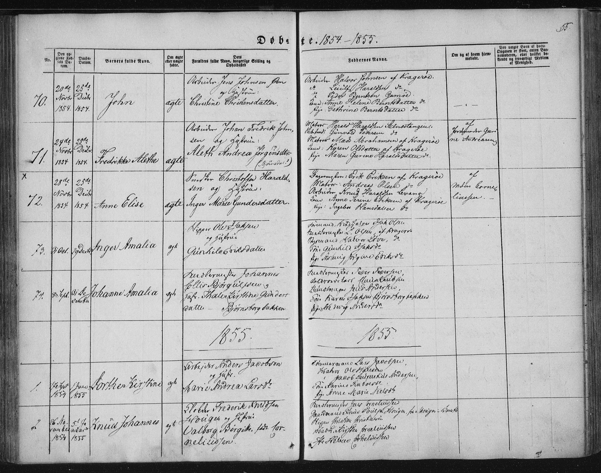 Kragerø kirkebøker, SAKO/A-278/F/Fa/L0006: Parish register (official) no. 6, 1847-1861, p. 55