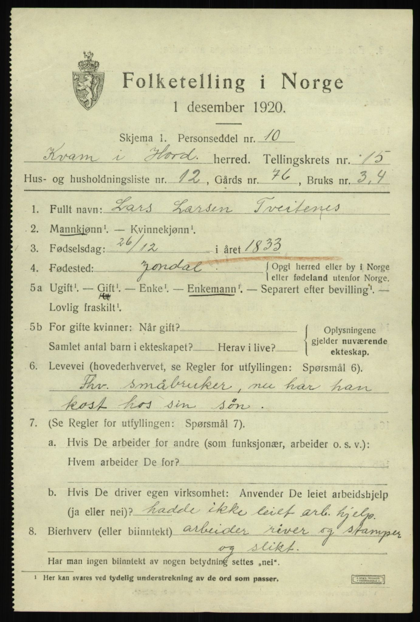 SAB, 1920 census for Kvam, 1920, p. 8859