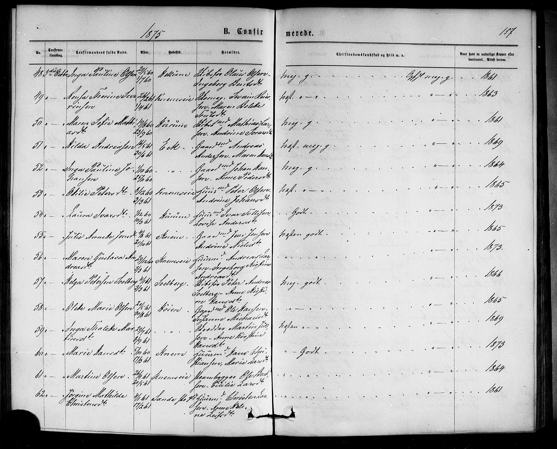 Strømm kirkebøker, AV/SAKO-A-322/F/Fa/L0002: Parish register (official) no. I 2, 1870-1877, p. 157