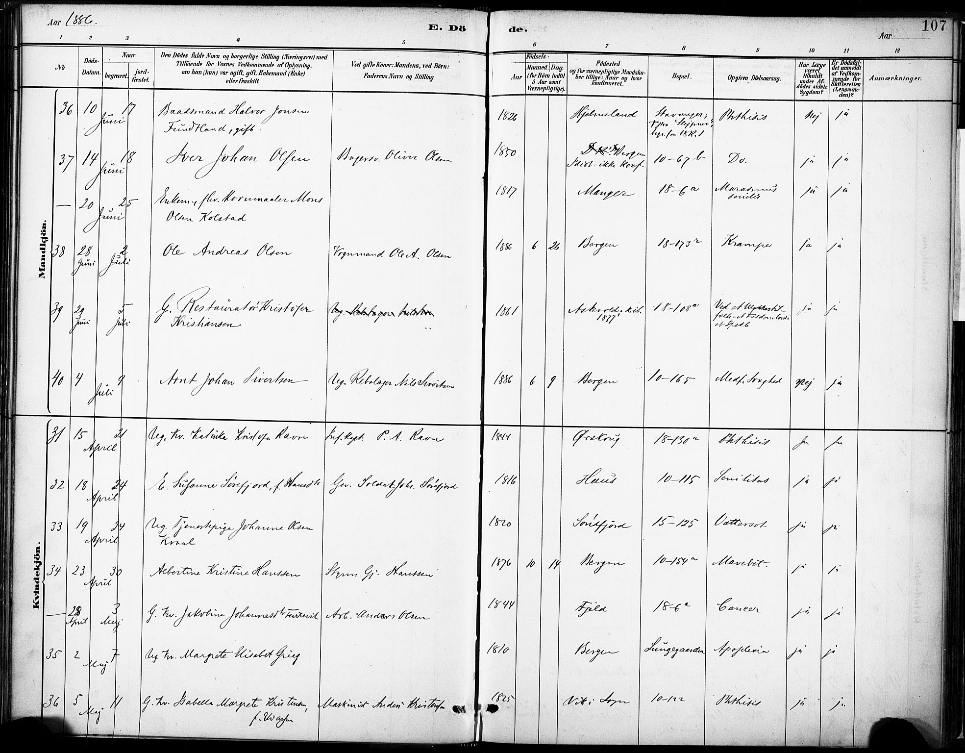 Domkirken sokneprestembete, AV/SAB-A-74801/H/Haa/L0043: Parish register (official) no. E 5, 1882-1904, p. 107