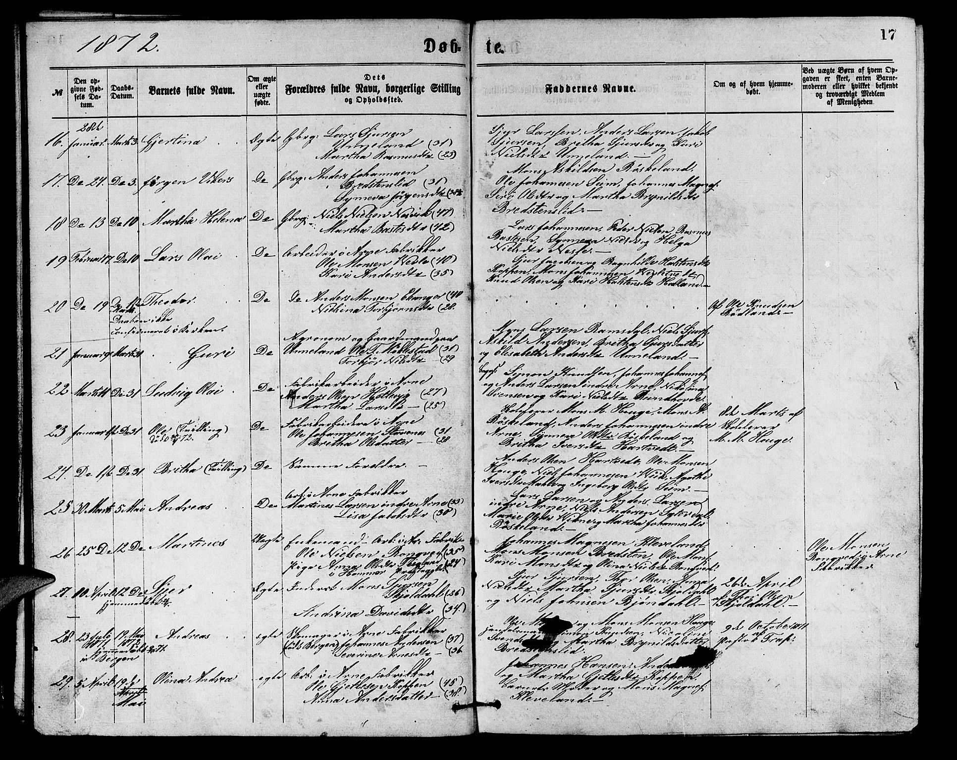 Arna Sokneprestembete, SAB/A-74001/H/Ha/Hab: Parish register (copy) no. A 1, 1869-1879, p. 17