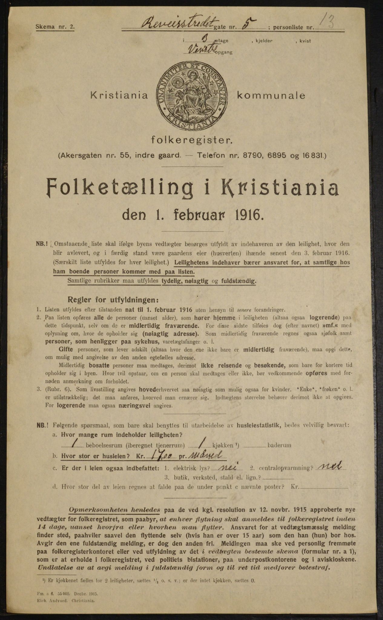 OBA, Municipal Census 1916 for Kristiania, 1916, p. 85079