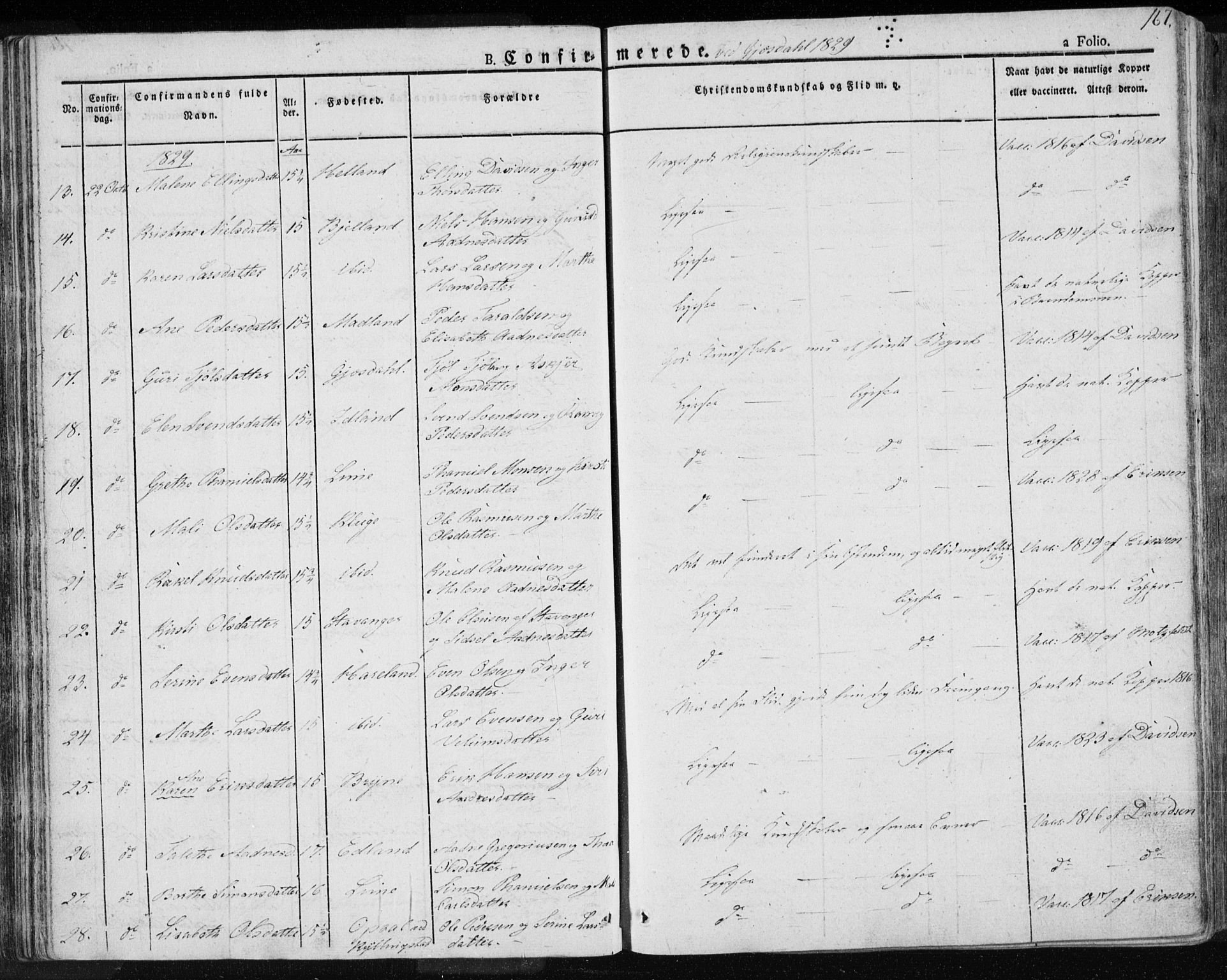 Lye sokneprestkontor, AV/SAST-A-101794/001/30BA/L0004: Parish register (official) no. A 4, 1826-1841, p. 167